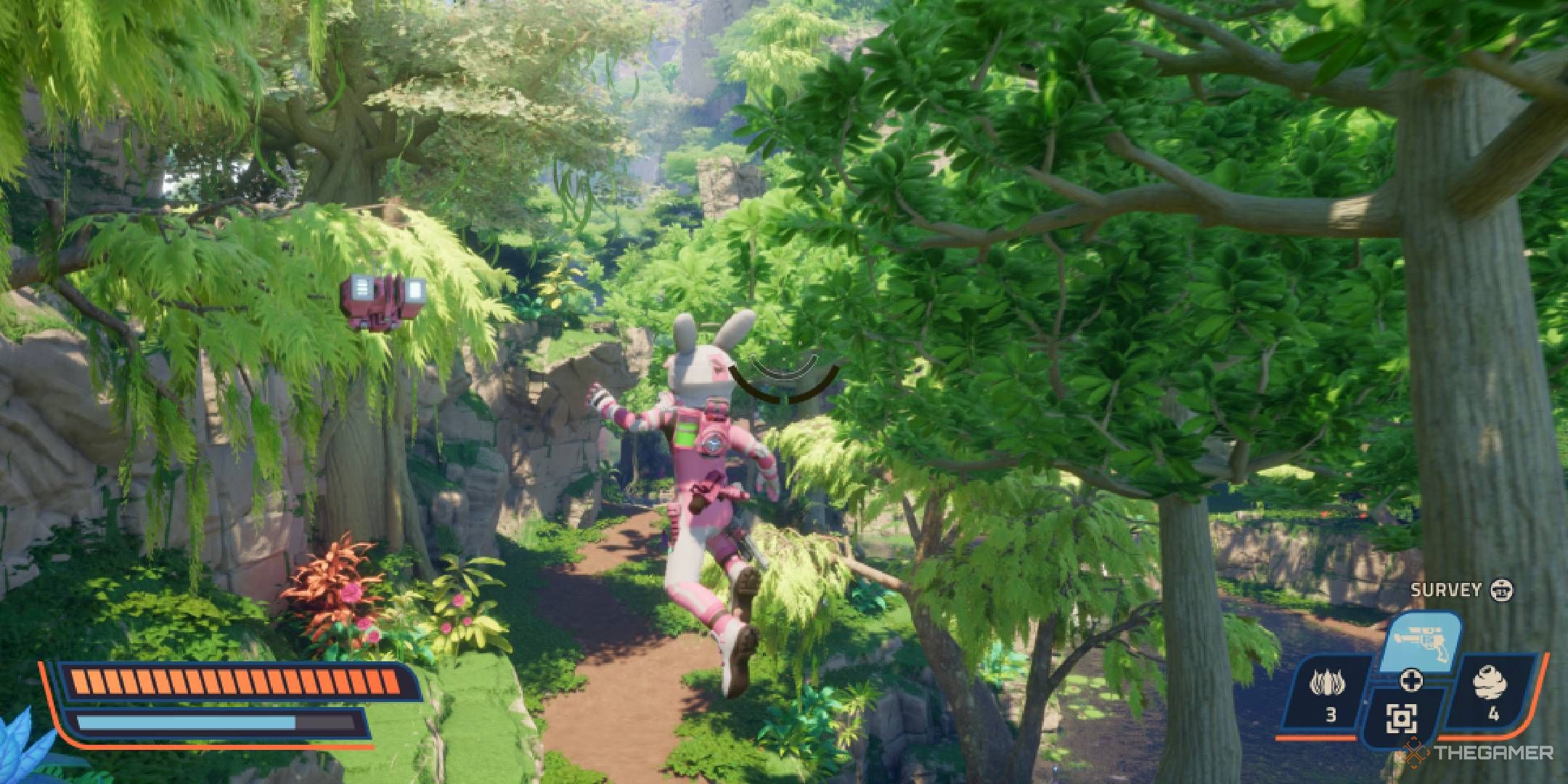 Revenge of the Savage Planet character triple jumping using Zoot Jump Thrusters.