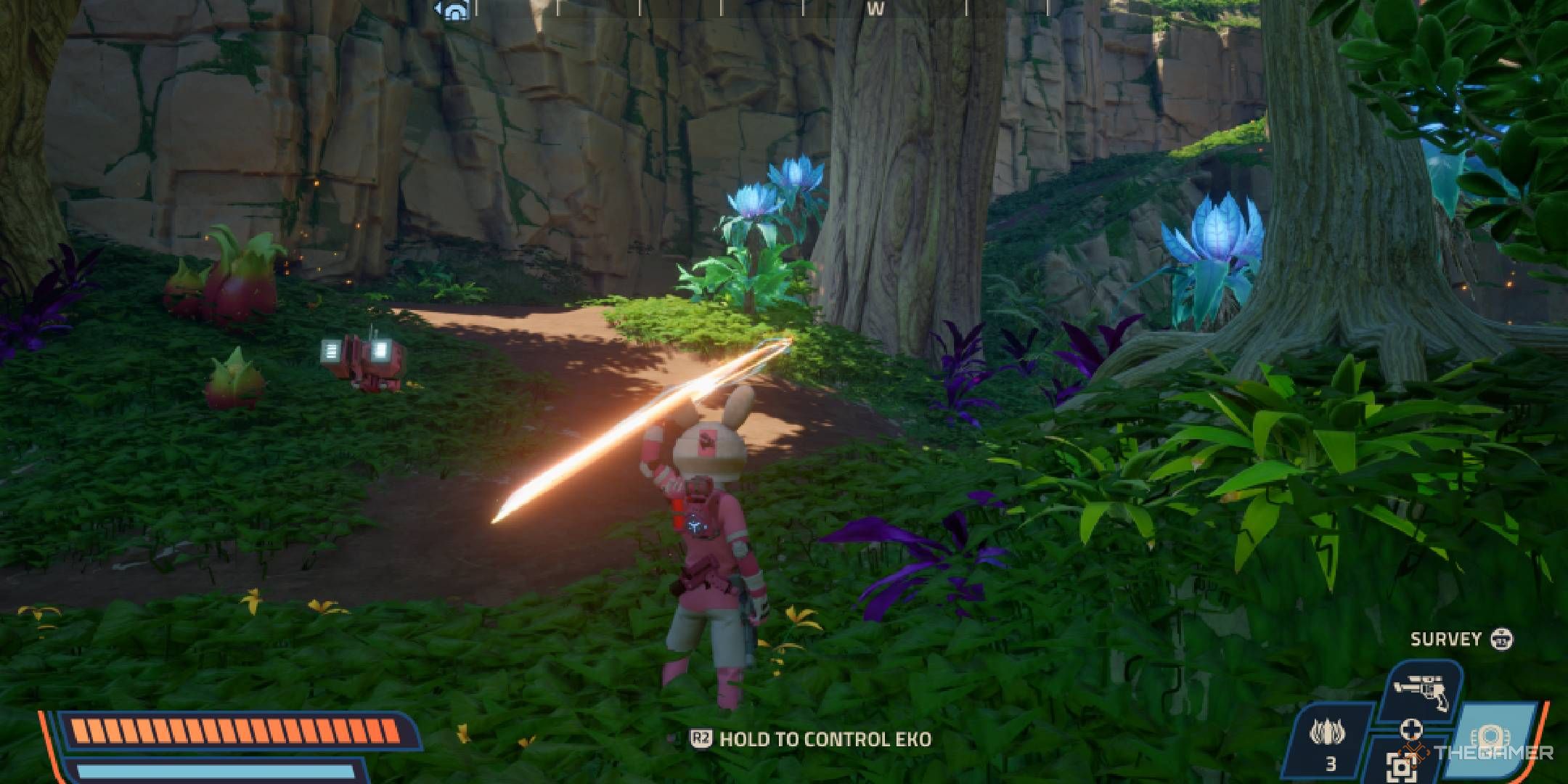 Revenge of the Savage Planet character whipping the lasso in the dense forest.