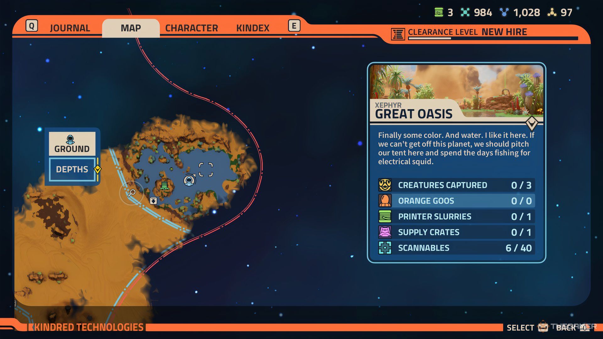 The water highlighted in the Great Oasis on the map of Revenge of the Savage Planet.