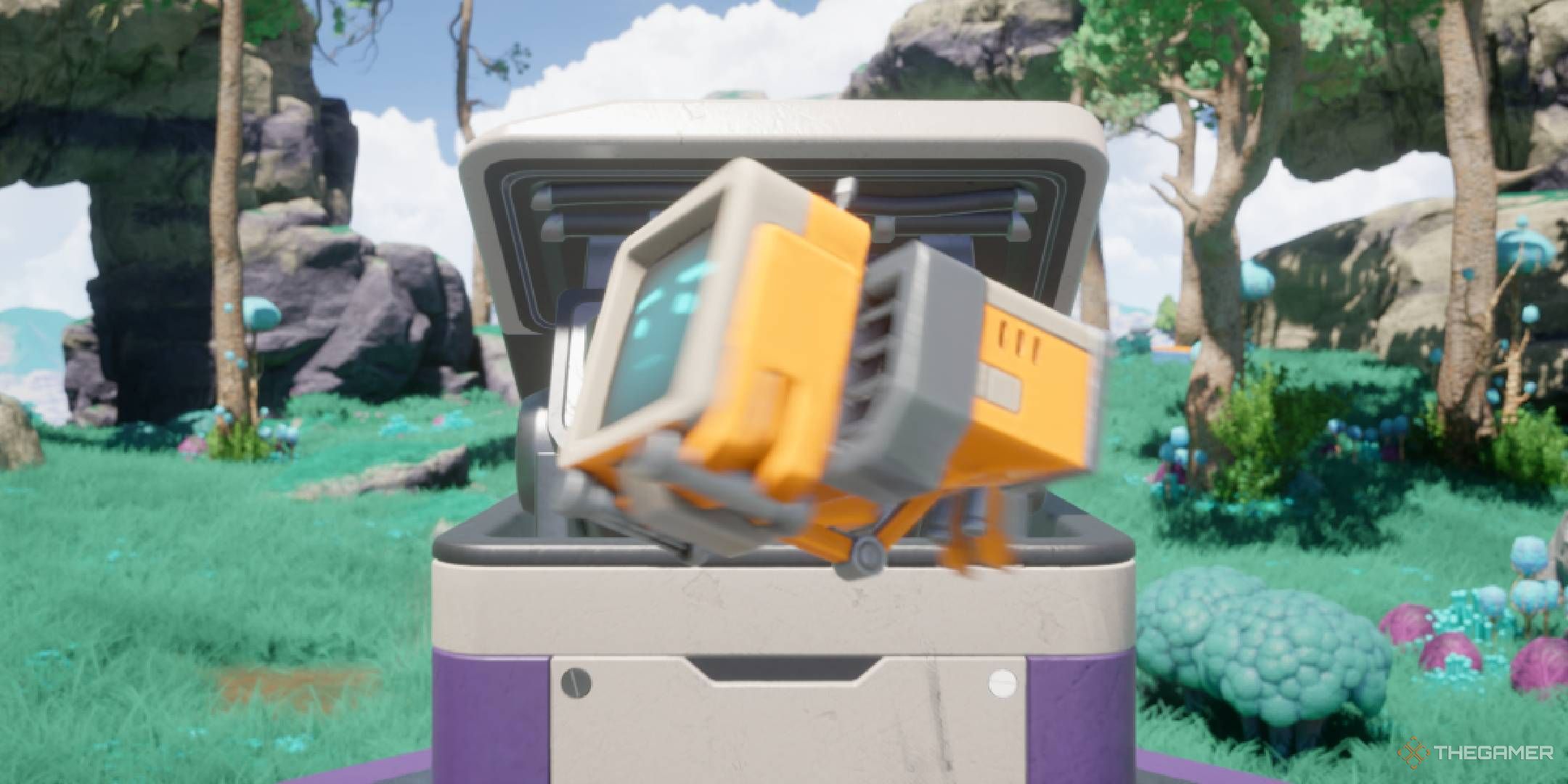 Revenge of the Savage Planet drone plugging into a giant outlet surrounded by grassy planes.