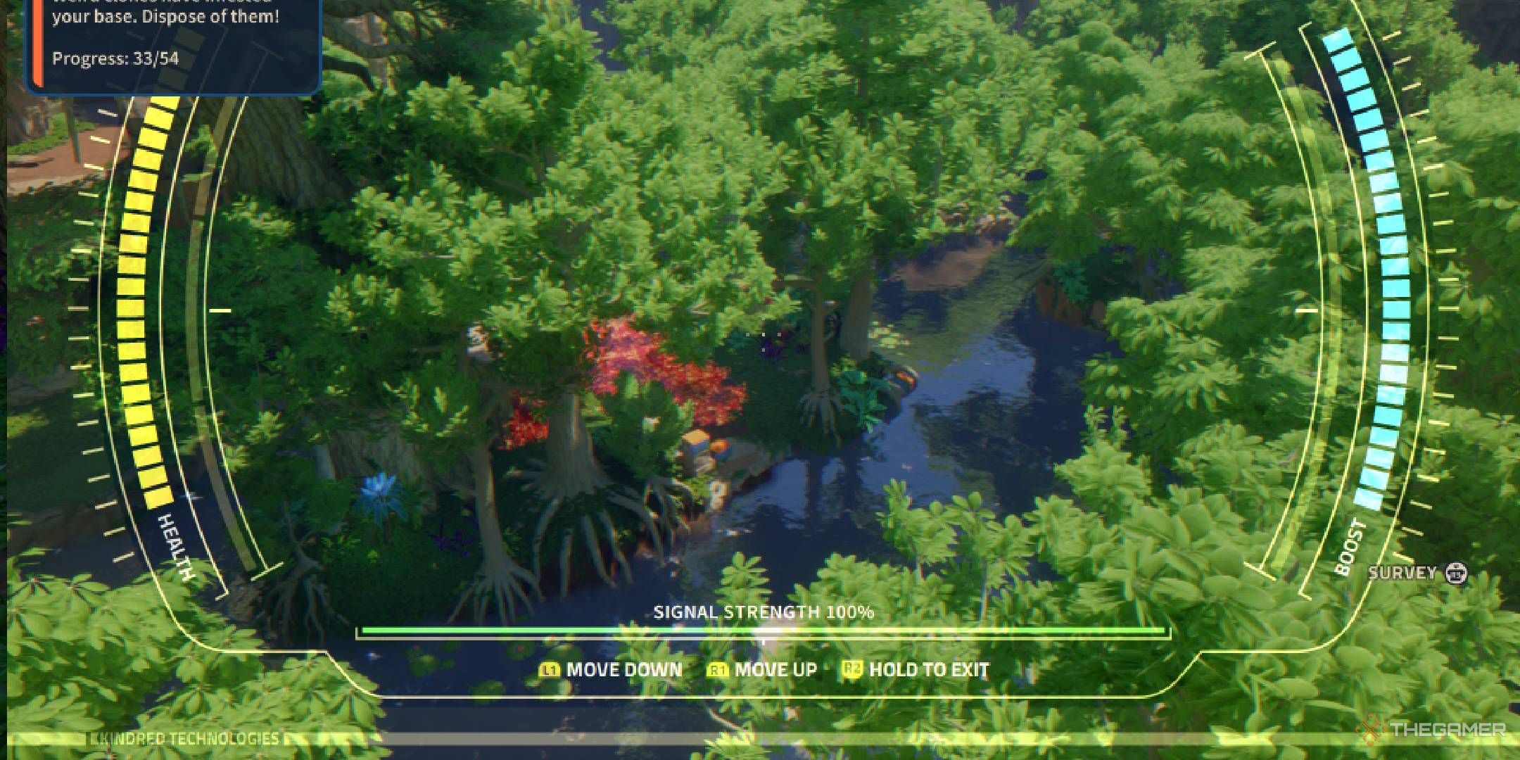 Revenge of the Savage Planet drone view over the dense forest.