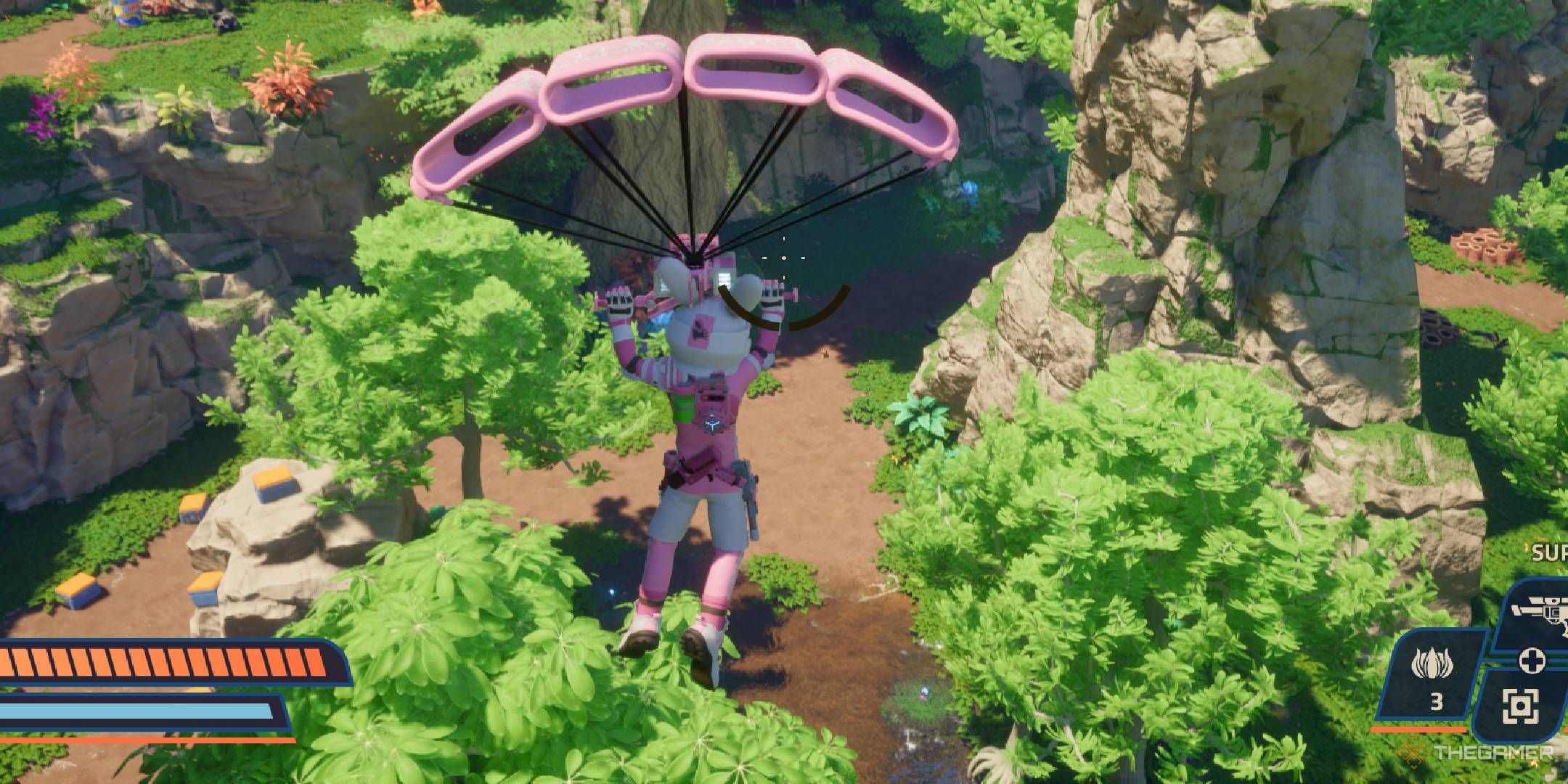 Revenge of the Savage Planet gliding over the dense forest using the Drone Glider.