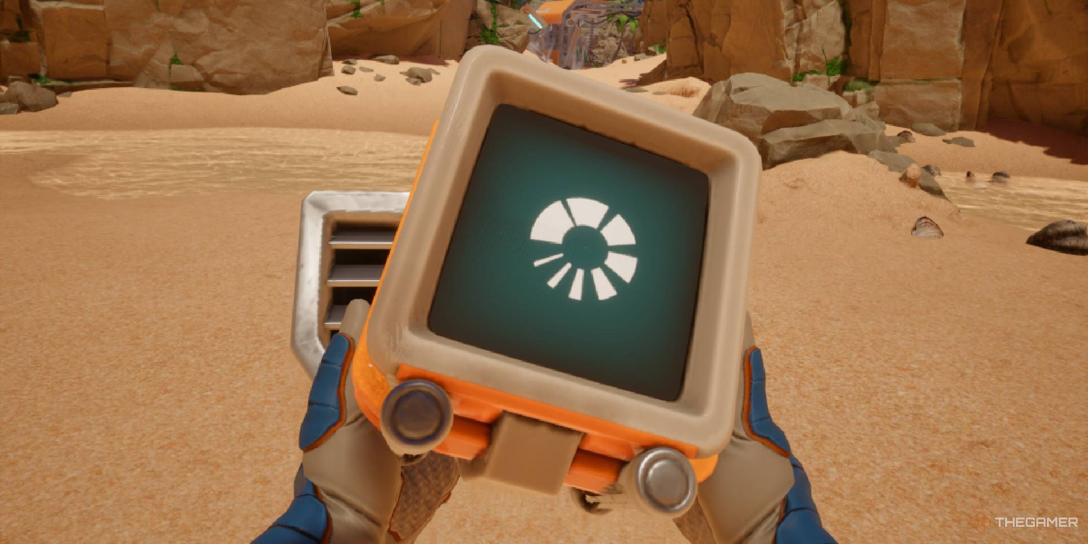 Revenge of the Savage Planet main character holding the drone while it's loading.