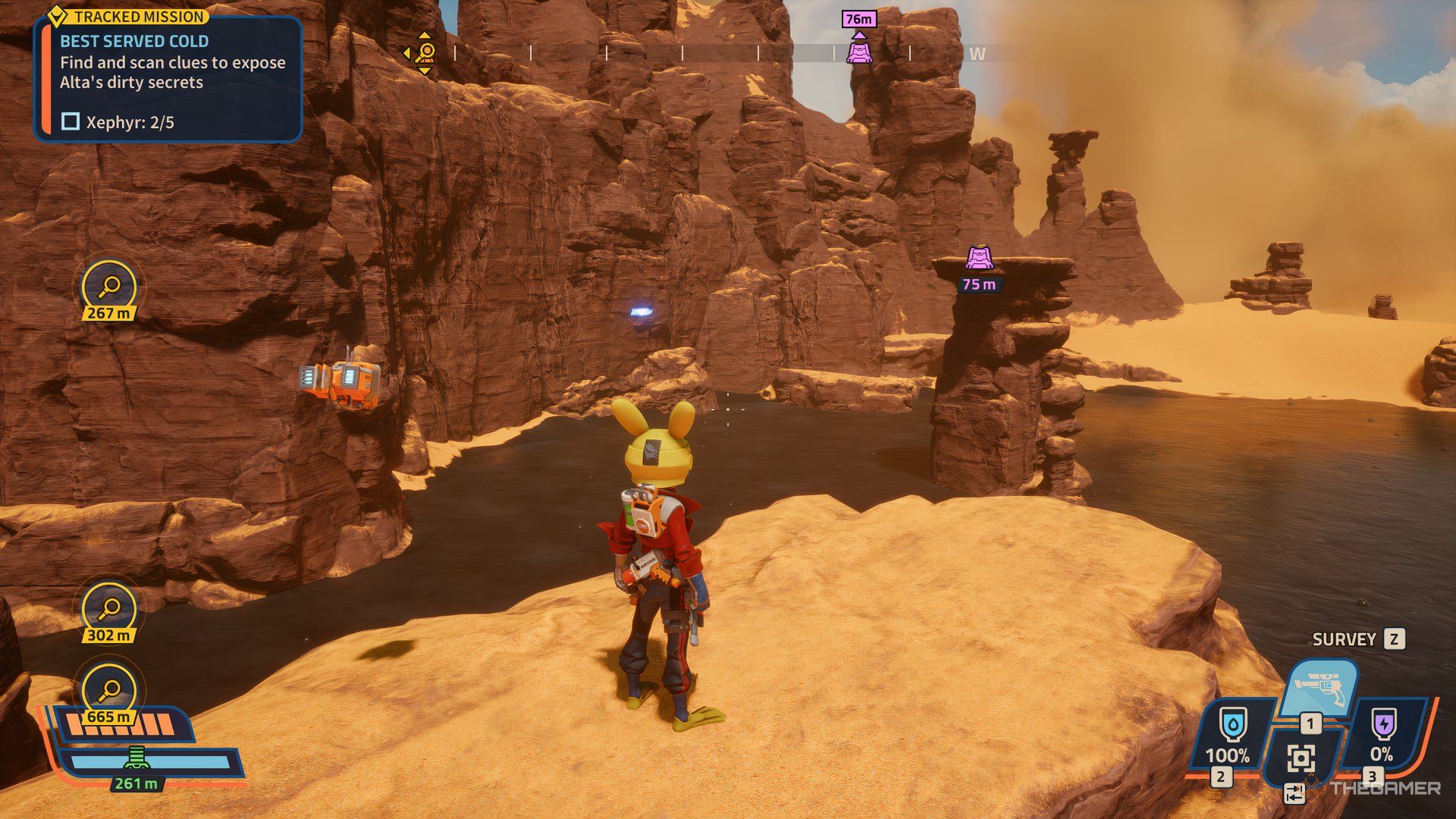 Player looking at the symbol for a crate in front of him in Revenge of the Savage Planet. There is black sludge below.