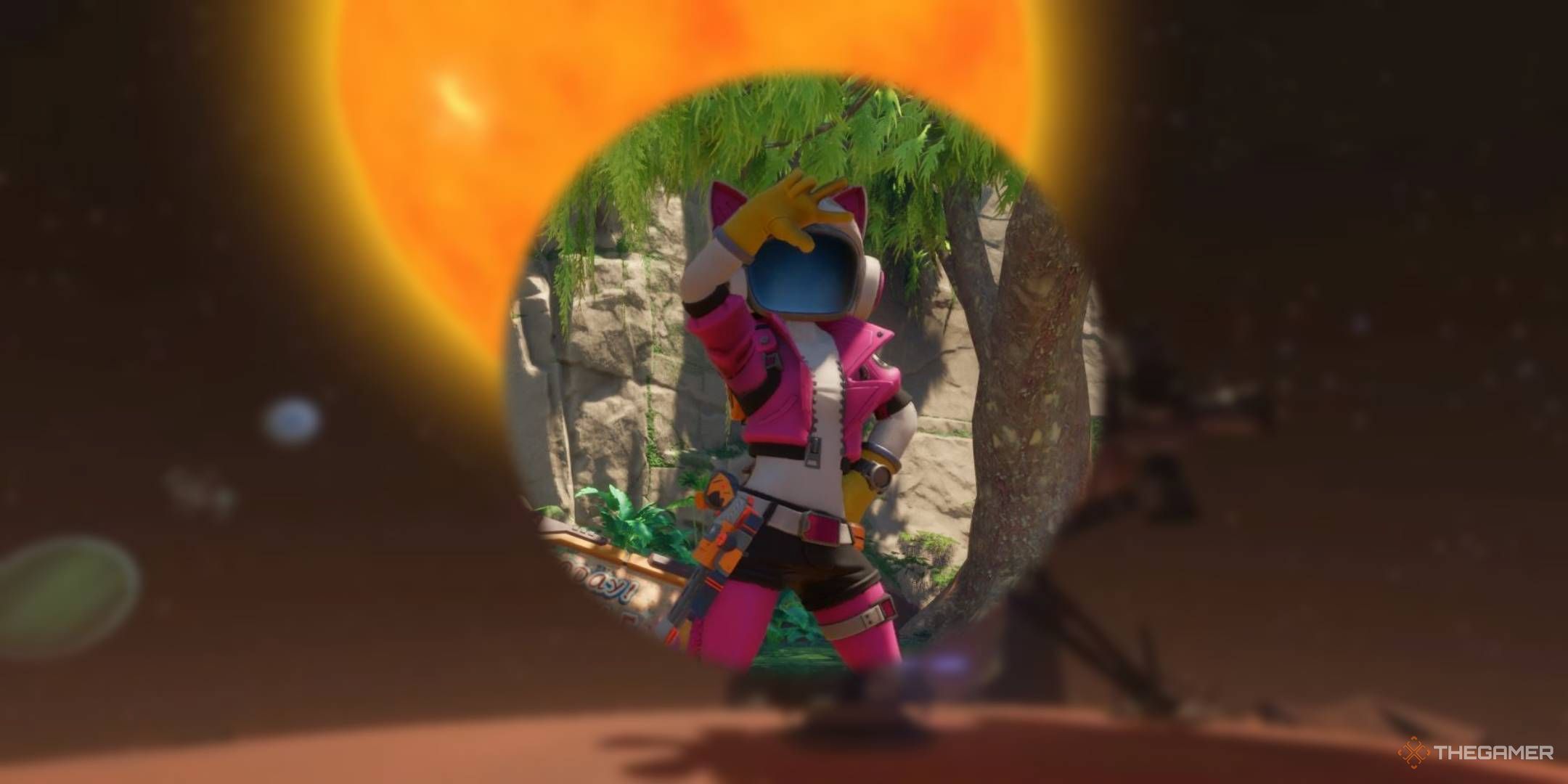 Revenge of the Savage Planet player waving at a camera on blurred Outer Wilds landscape.-1