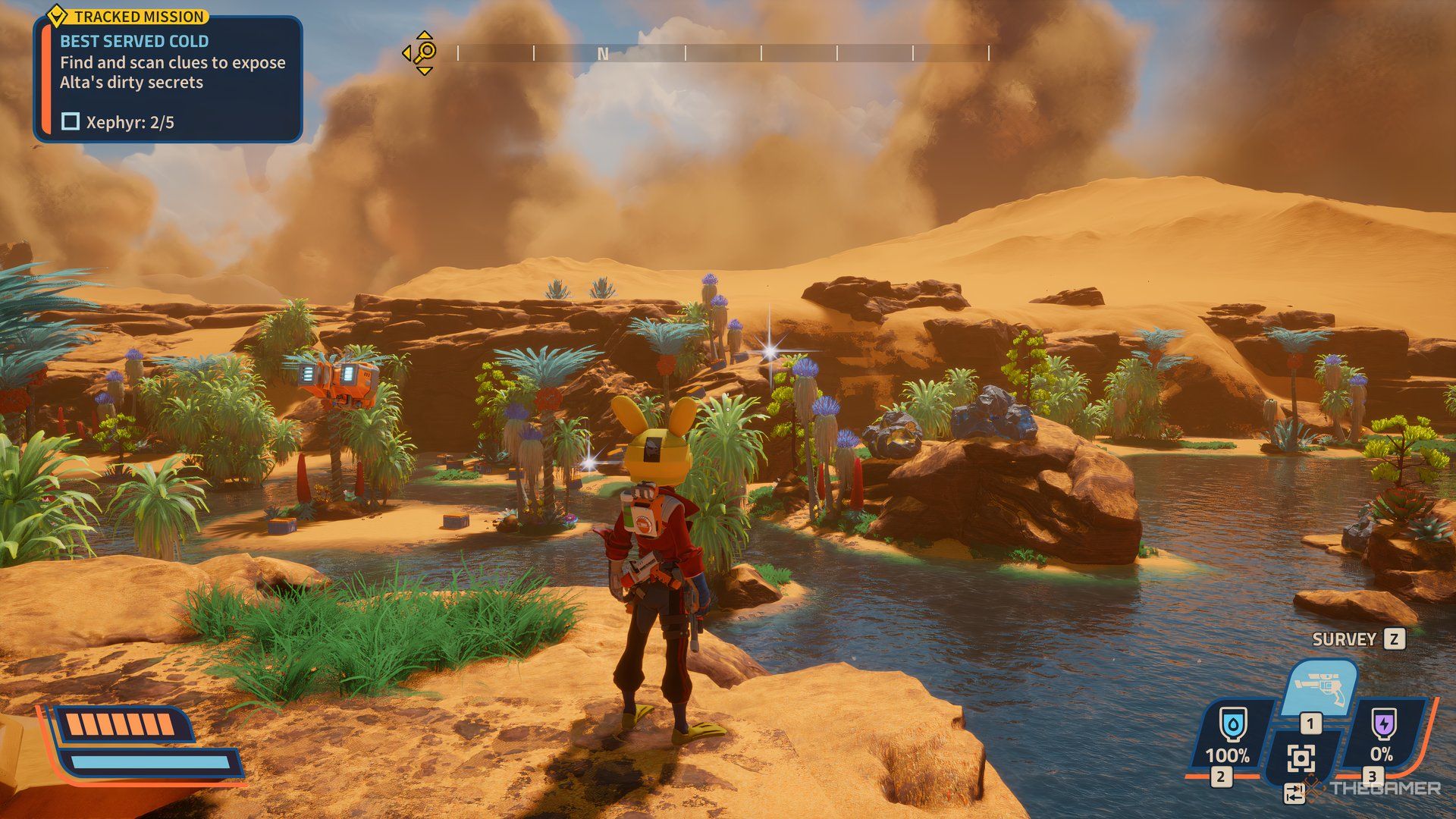 Player looking at something shining the distance with the sand storm in the background in Revenge of the Savage Planet. There is water below him.