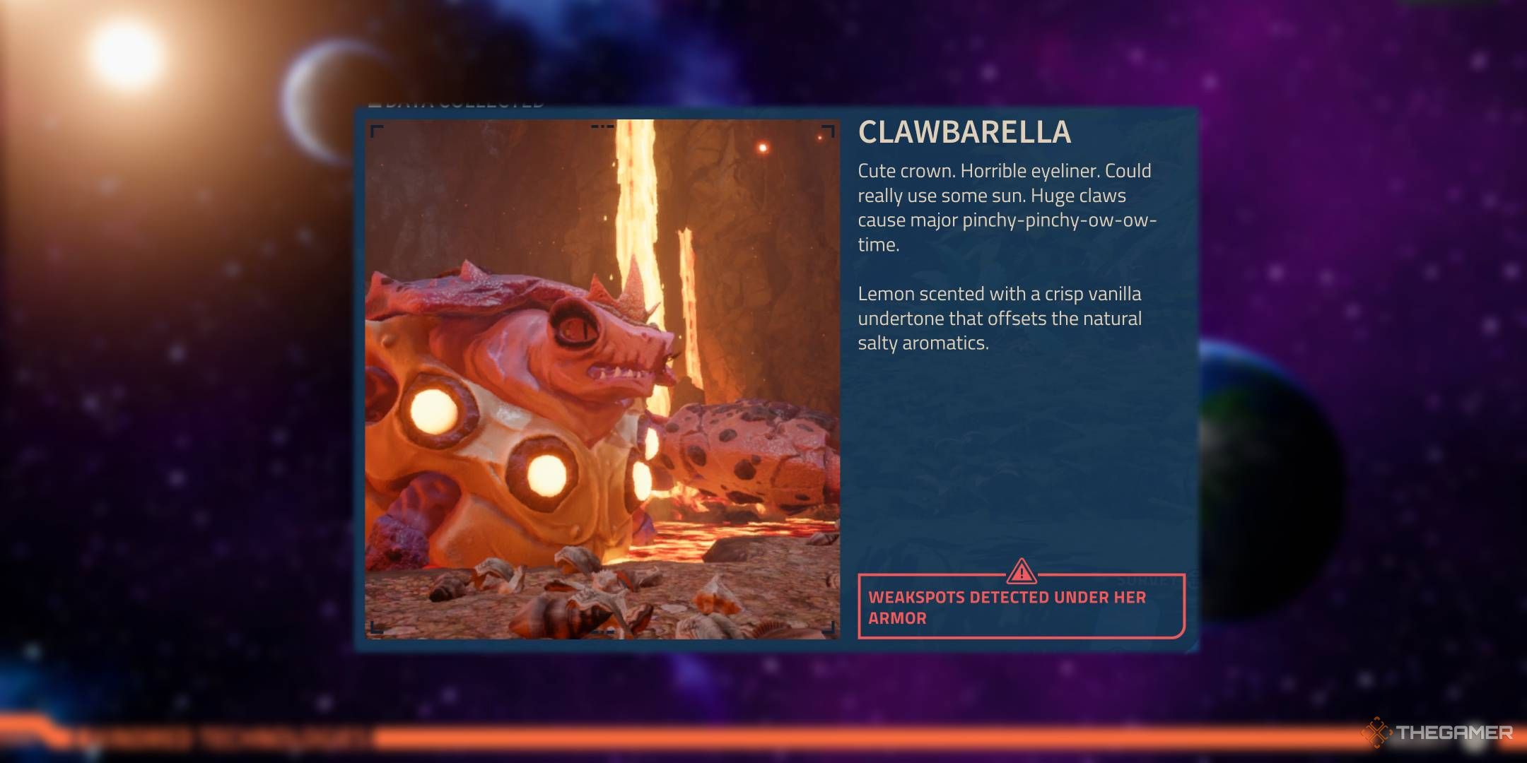 Revenge of the Savage Planet scannable description for Clawbella in lava filled cave.