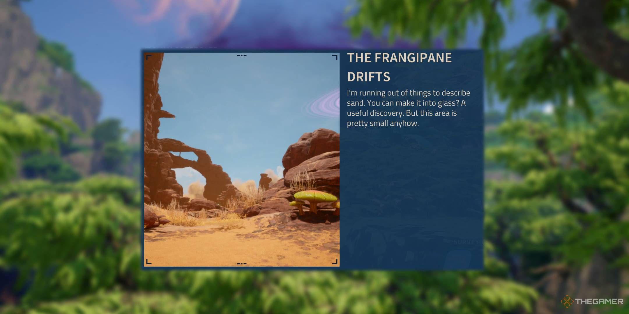 Revenge of the Savage Planet scannable description for desert region of Frangipane Drifts.