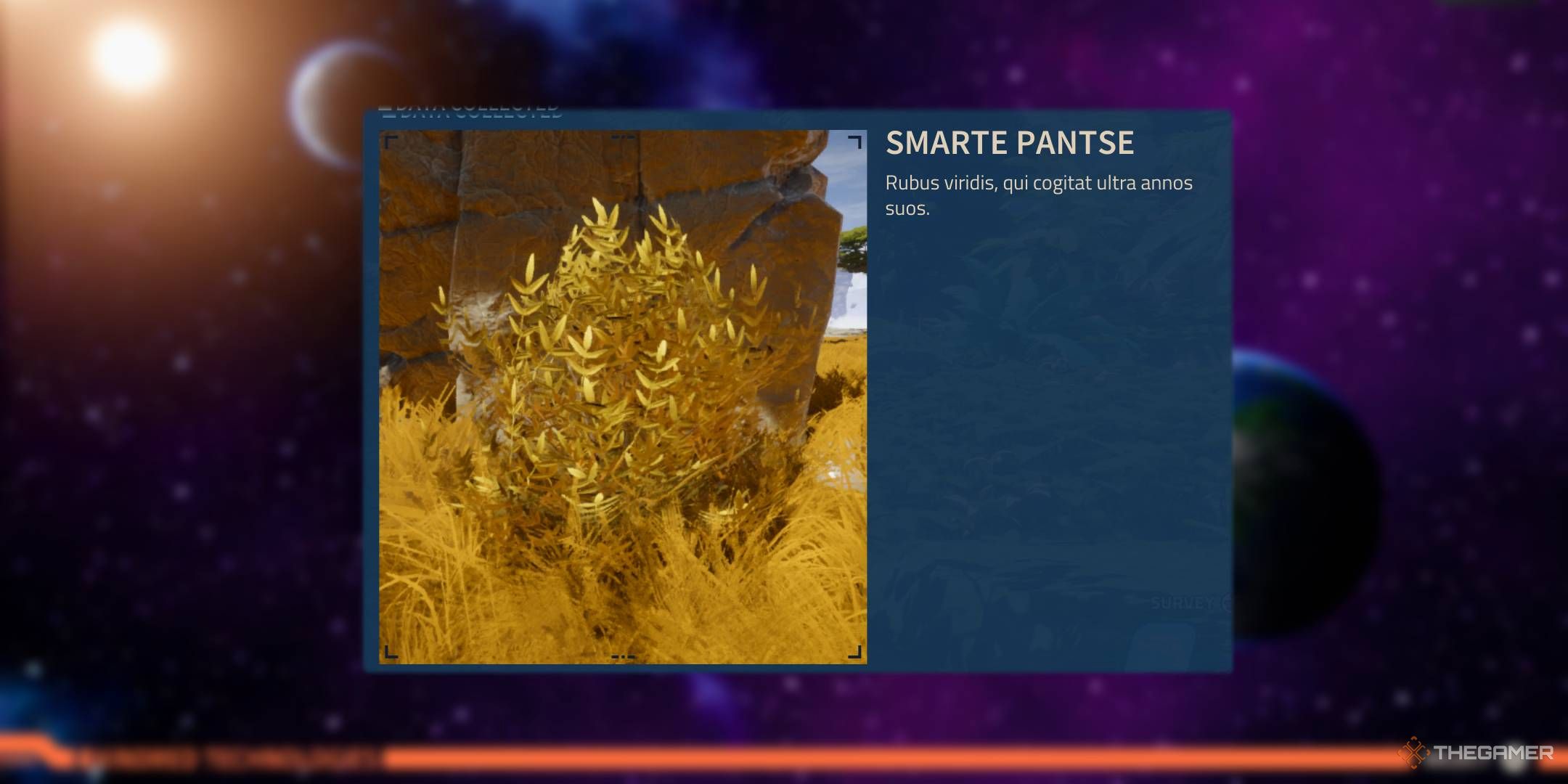 Revenge of the Savage Planet scannable description for Smarte Pantse in Latin.