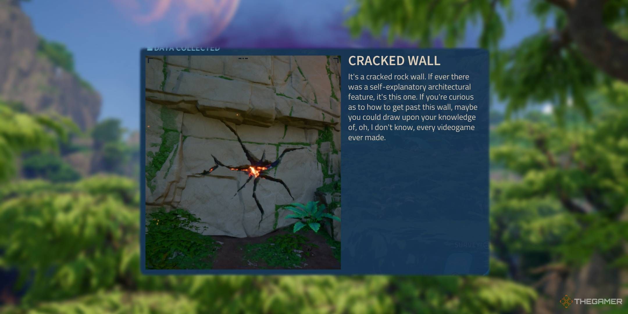 Revenge of the Savage Planet scanner description for Cracked Wall Zelda reference.