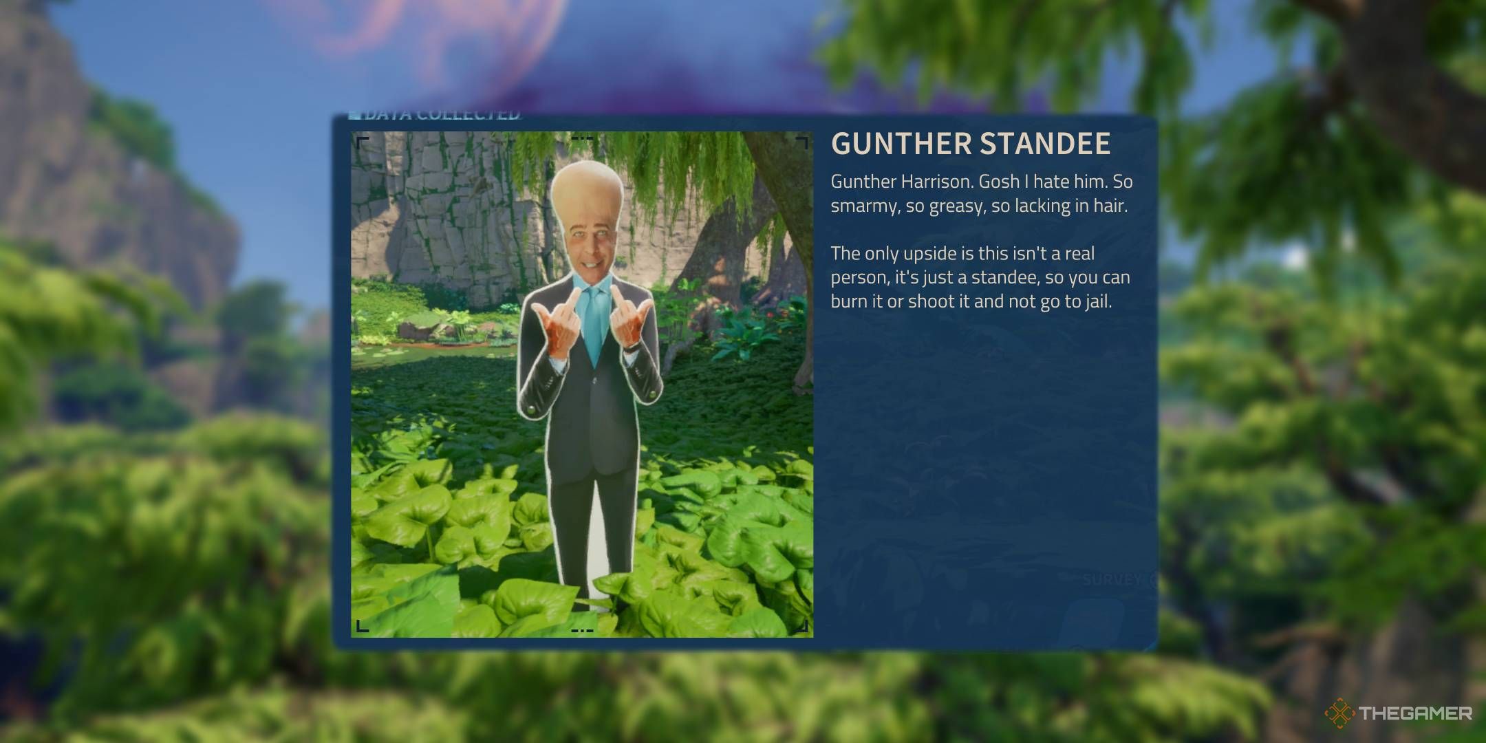 Revenge of the Savage Planet scanner description for the Gunther Standee flipping off the camera.