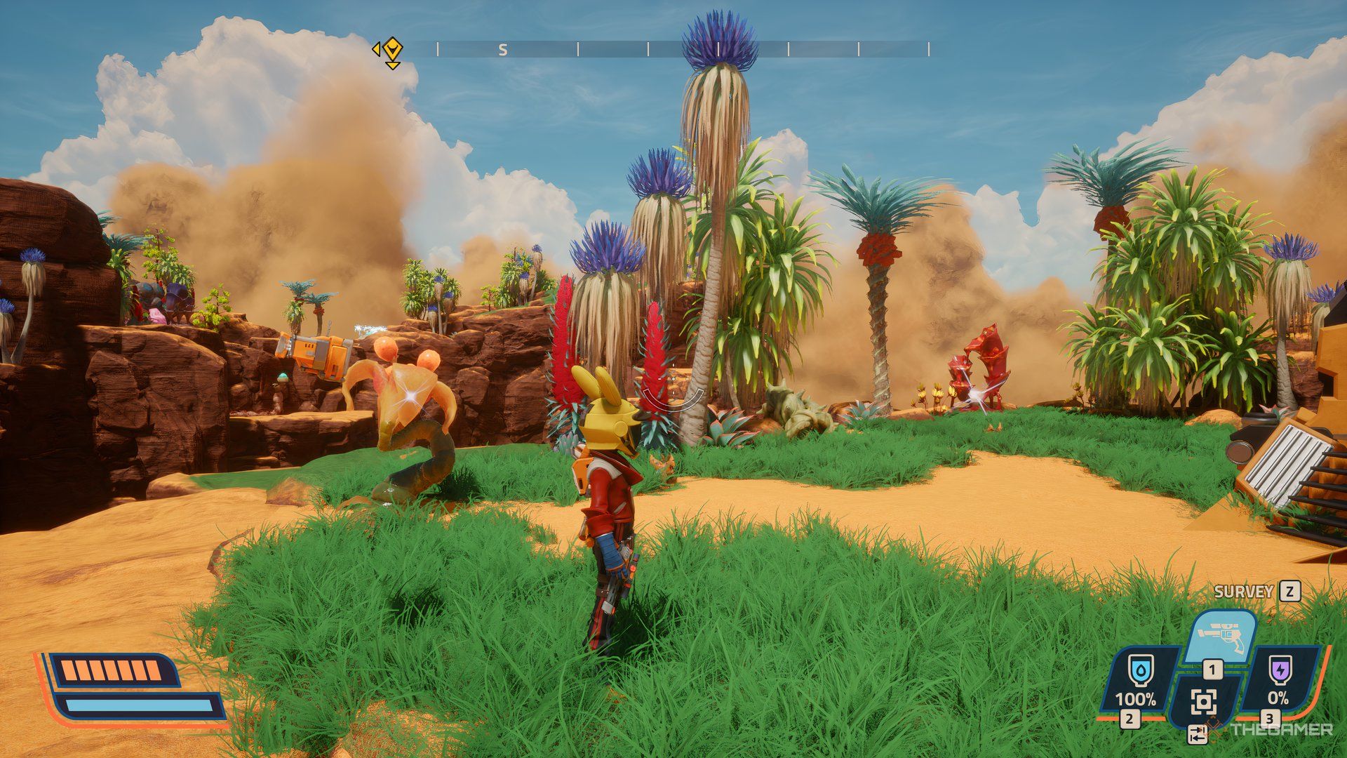 Player standing next to some trees with patchy grass all around them in Revenge of the Savage Planet. There is a sand storm in the background.