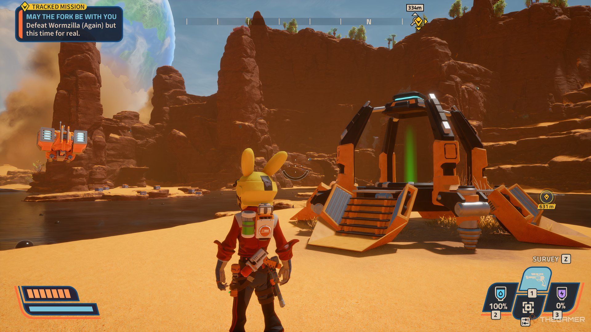 Player looking off in the distance at cliffs with a floating robot on their left and an orange teleporter on the right in Revenge of the Savage Planet.