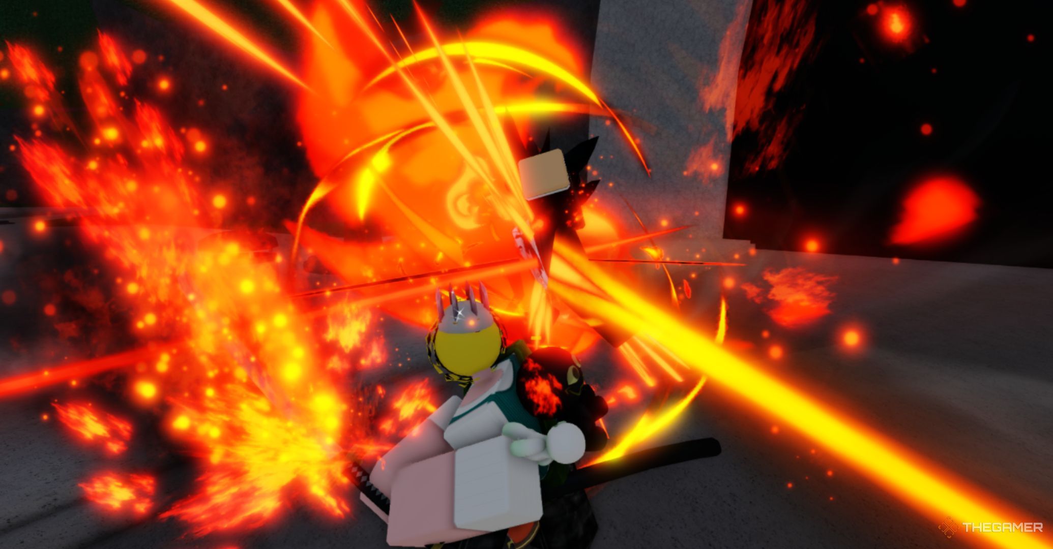 Roblox, the strongest battlefield - Blade Master Solar Klei attack, player with a special force with a fire attack on fire.