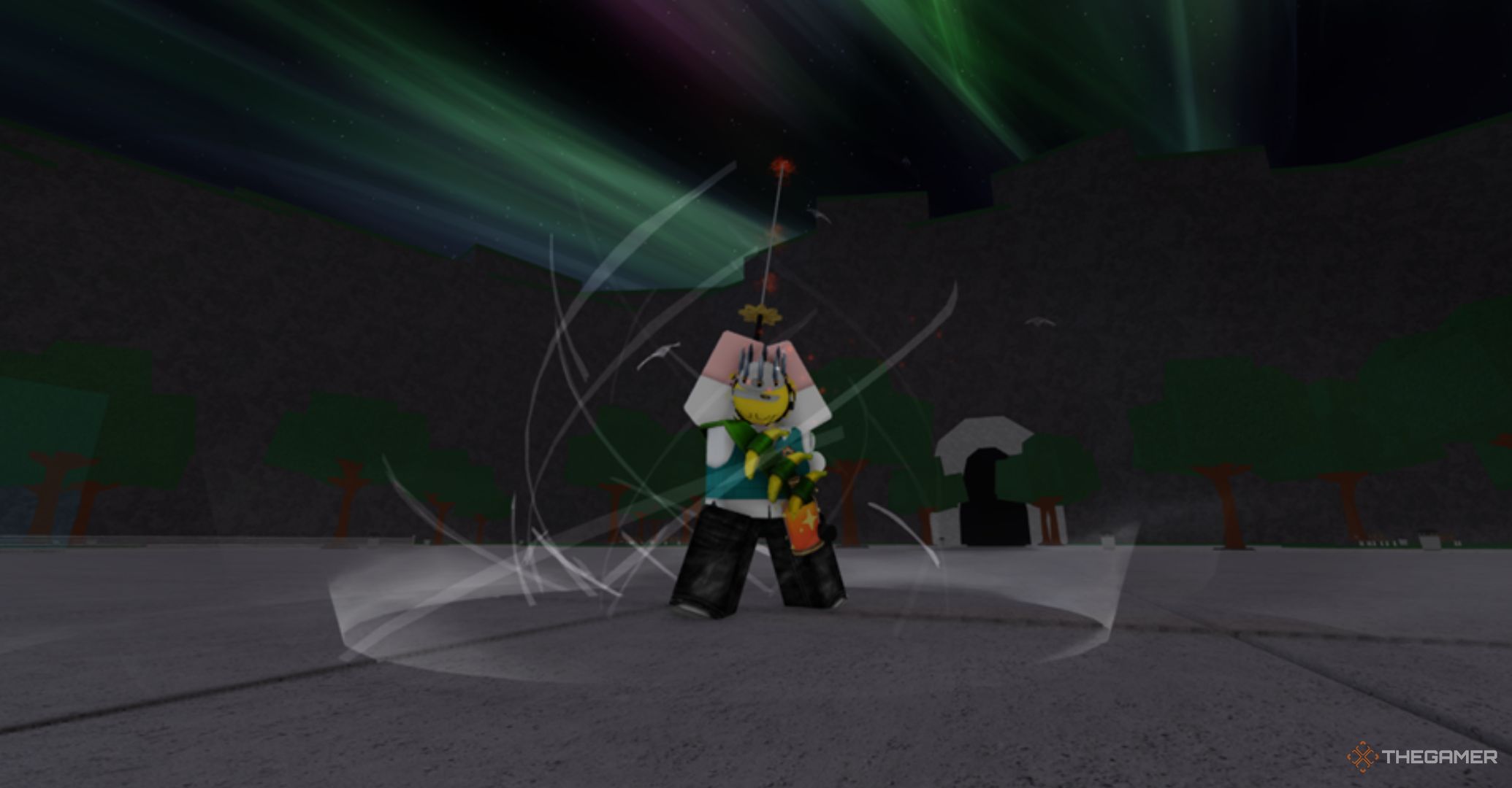 Roblox The strongest battlefield - Blade Master Awareness Animation, players are raising a sword at night.