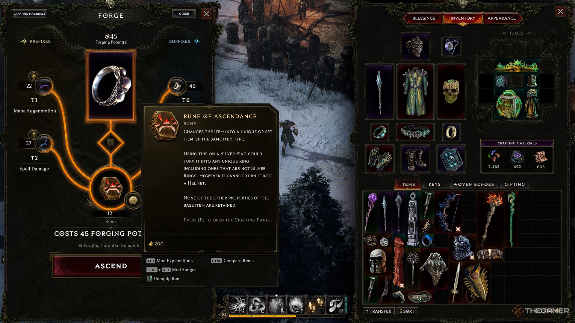 The player using a Rune of Ascendance to upgrade a ring in Last Epoch.