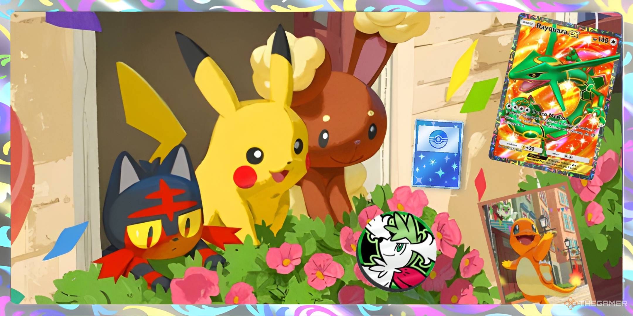 Pikachu, Buneary, and Litten look out a window over a planter full of flowers at some of the rewards available in the Special Missions 2025 event.