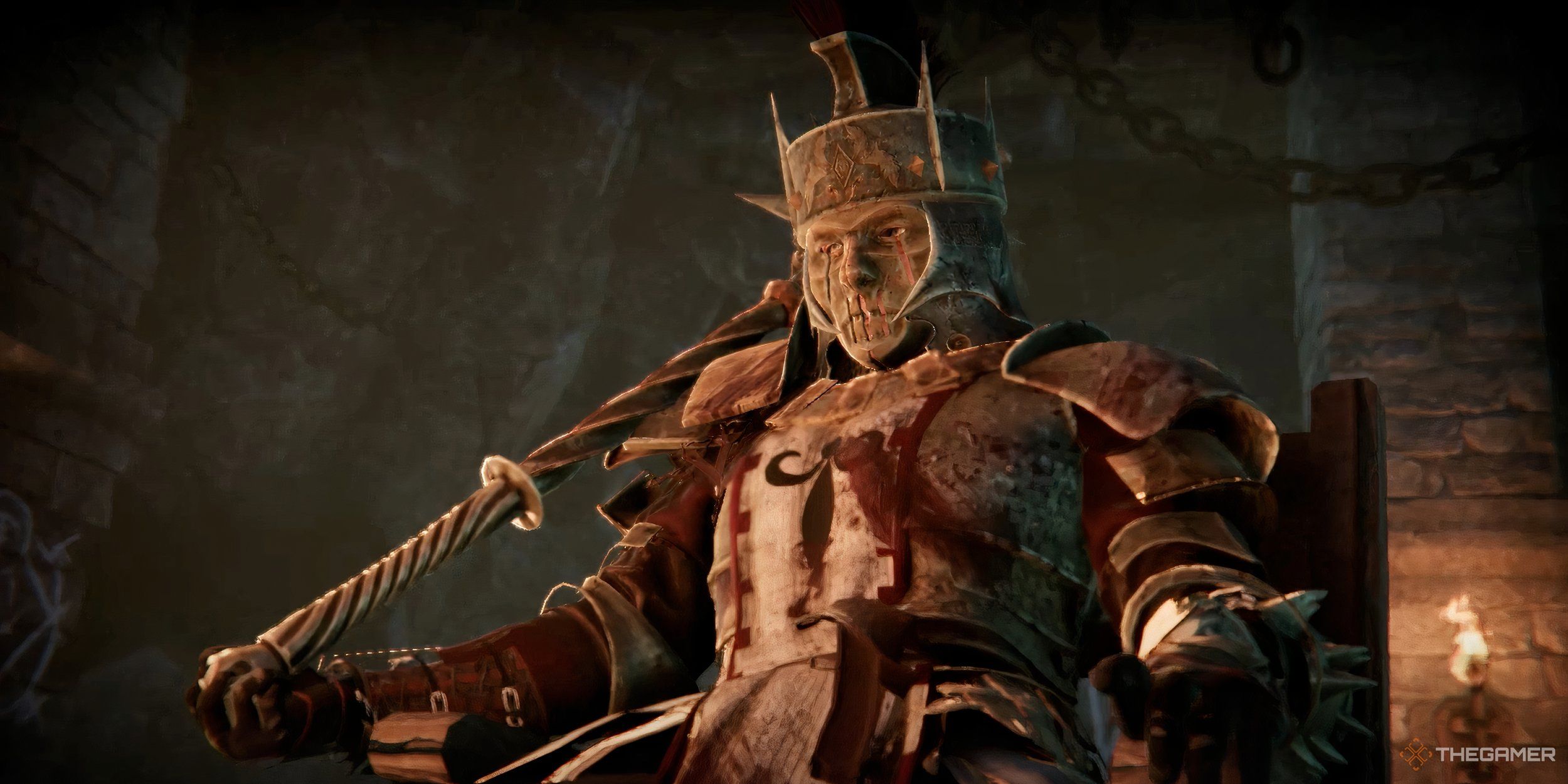 Galahad sitting in a chair within a ruined fort.