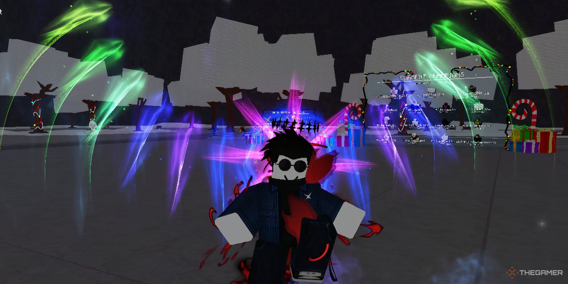 Tech Prodi standing with colorful wings in Roblox stands on the strongest battlefield.