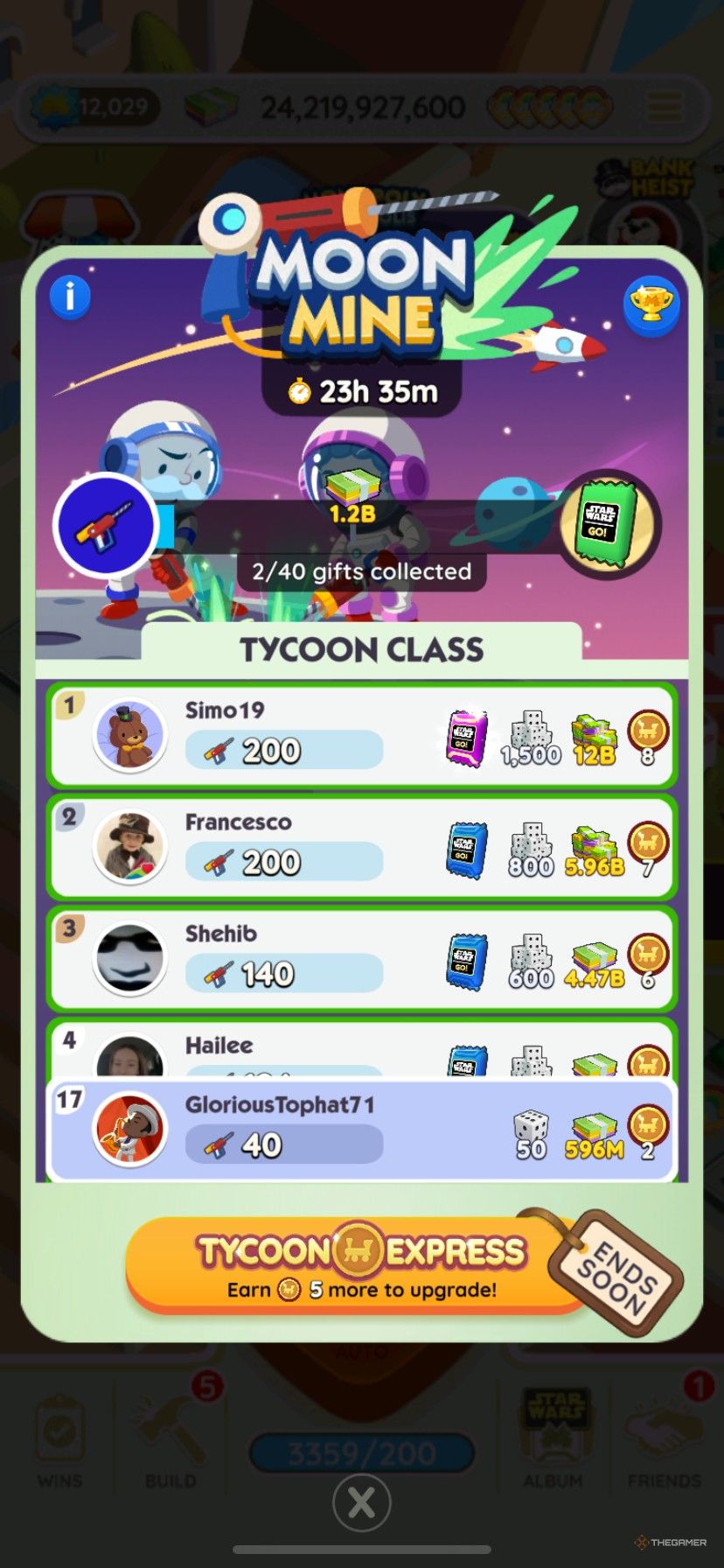 The daily leaderboard screen in Monopoly Go with the Tycoon Express tier system of rewards.