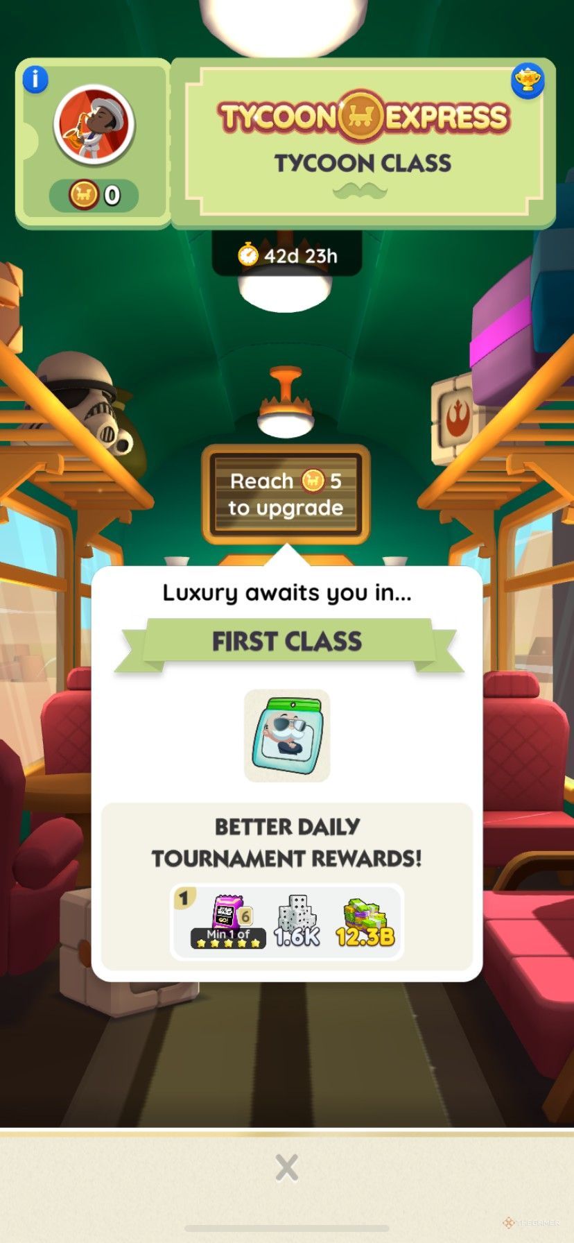 The first class rewards in the Tycoon Express in Monopoly Go