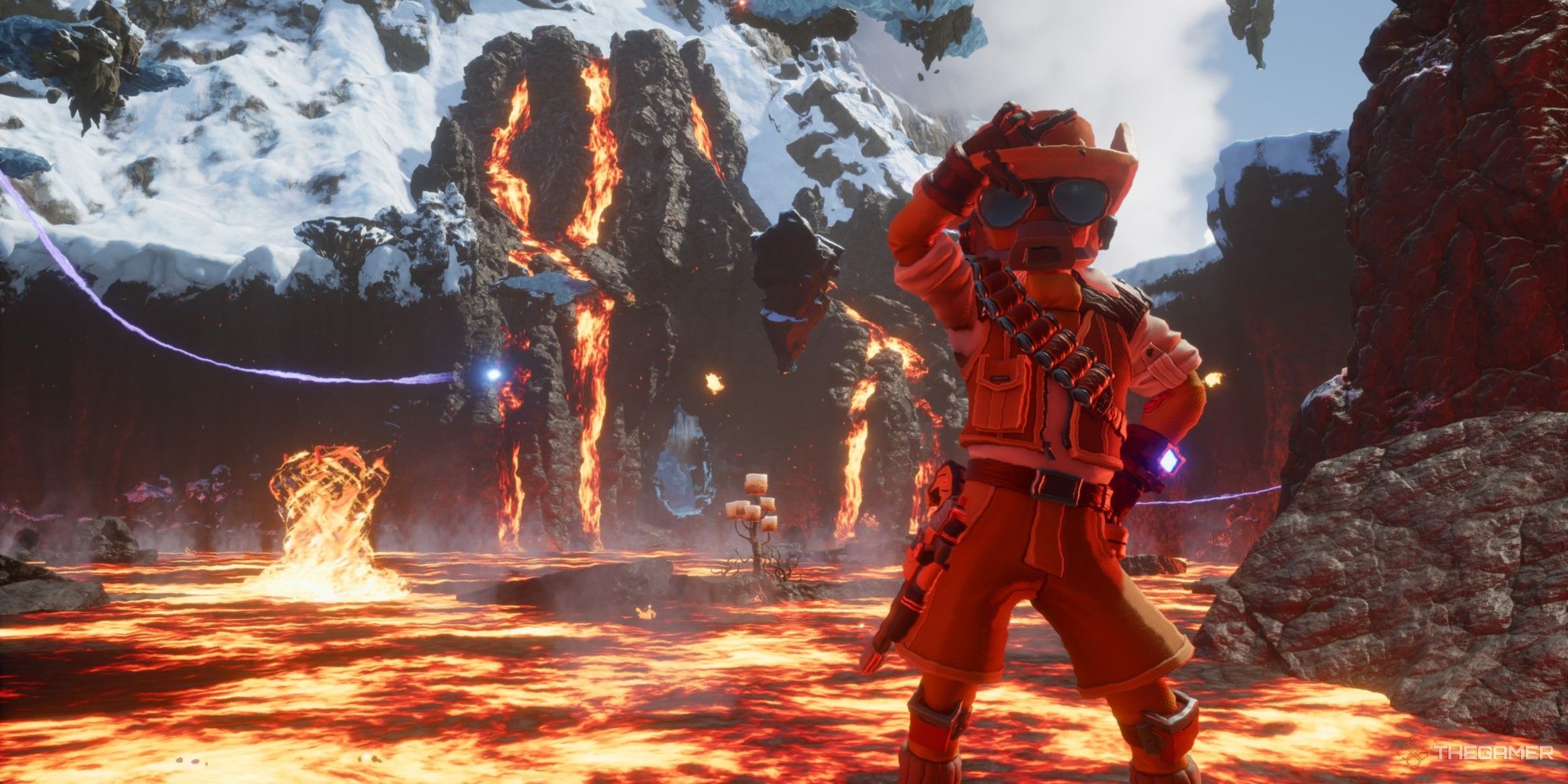 The role of the player stands in front of the volcano in front of the Lava Lake in exchange for the selfie and the wild planet.