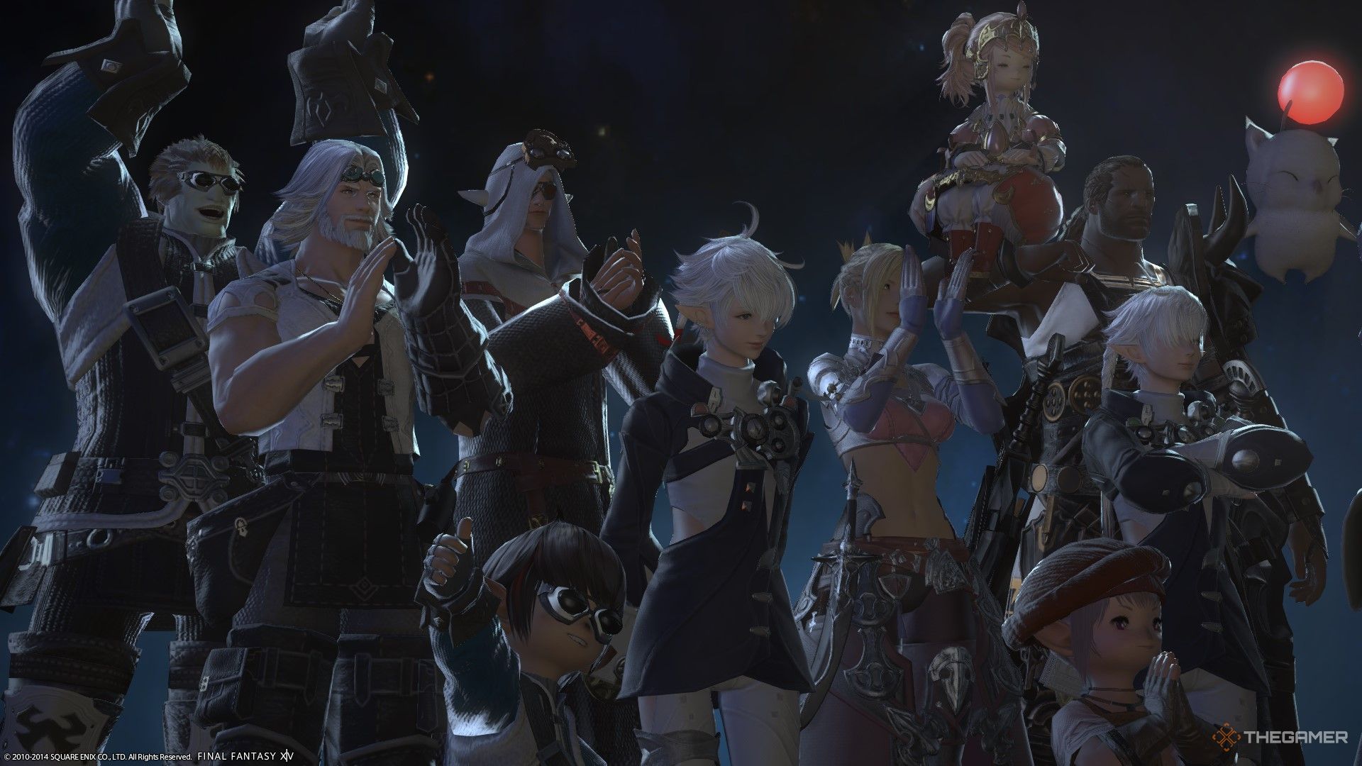 Scions of the Seventh Dawn all cheering in Final Fantasy 14.