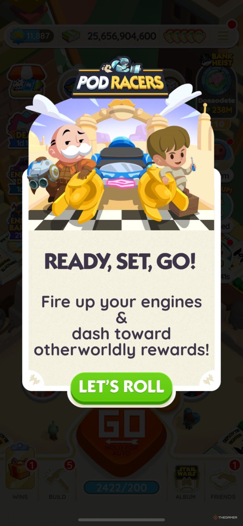 The start screen for the Pod Racers event in Monopoly Go.