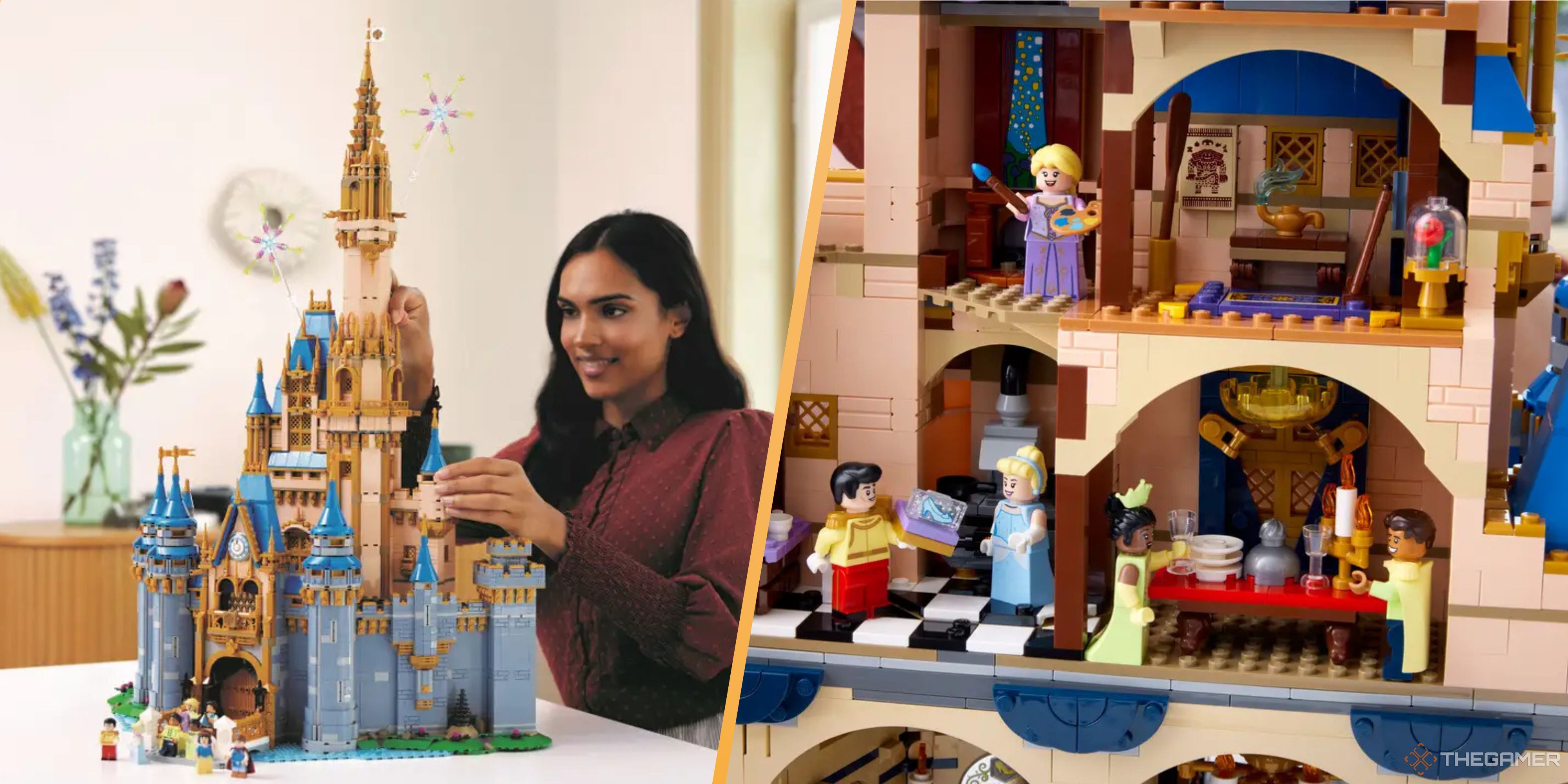 someone building lego's disney castle, and rooms inside of the lego disney castle.