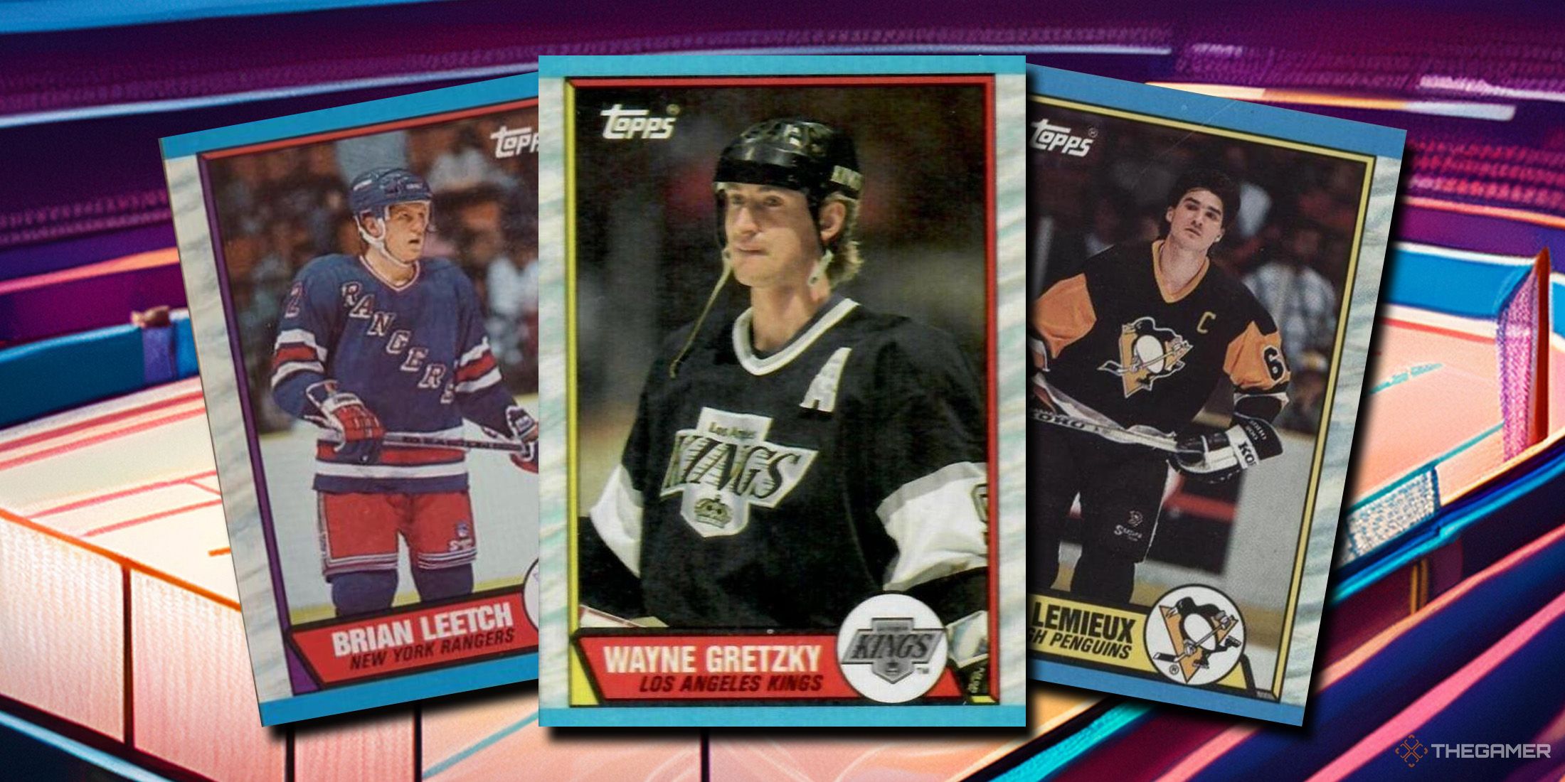 Wayne Gretzky, Mario Lemieux and Brian Leetch hockey cards on hockey background.