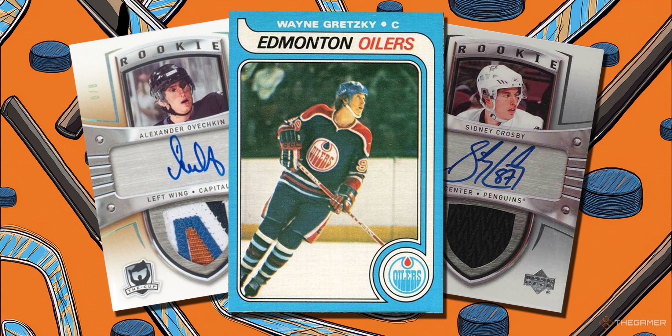 Wayne Gretzky, Sidney Crosby and Alexander Overchkin hockey cards on an orange background.