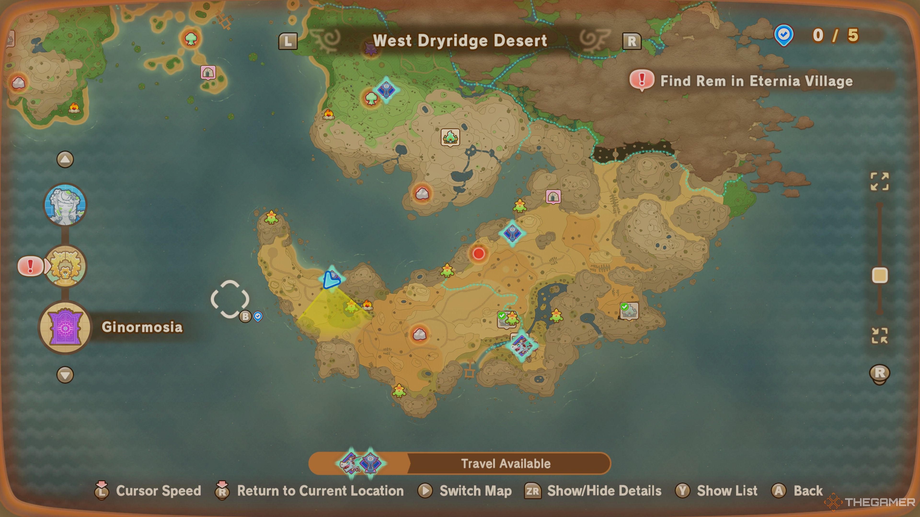 A map of West Dryridge Desert in Fantasy Life i which displays all Leafe locations.