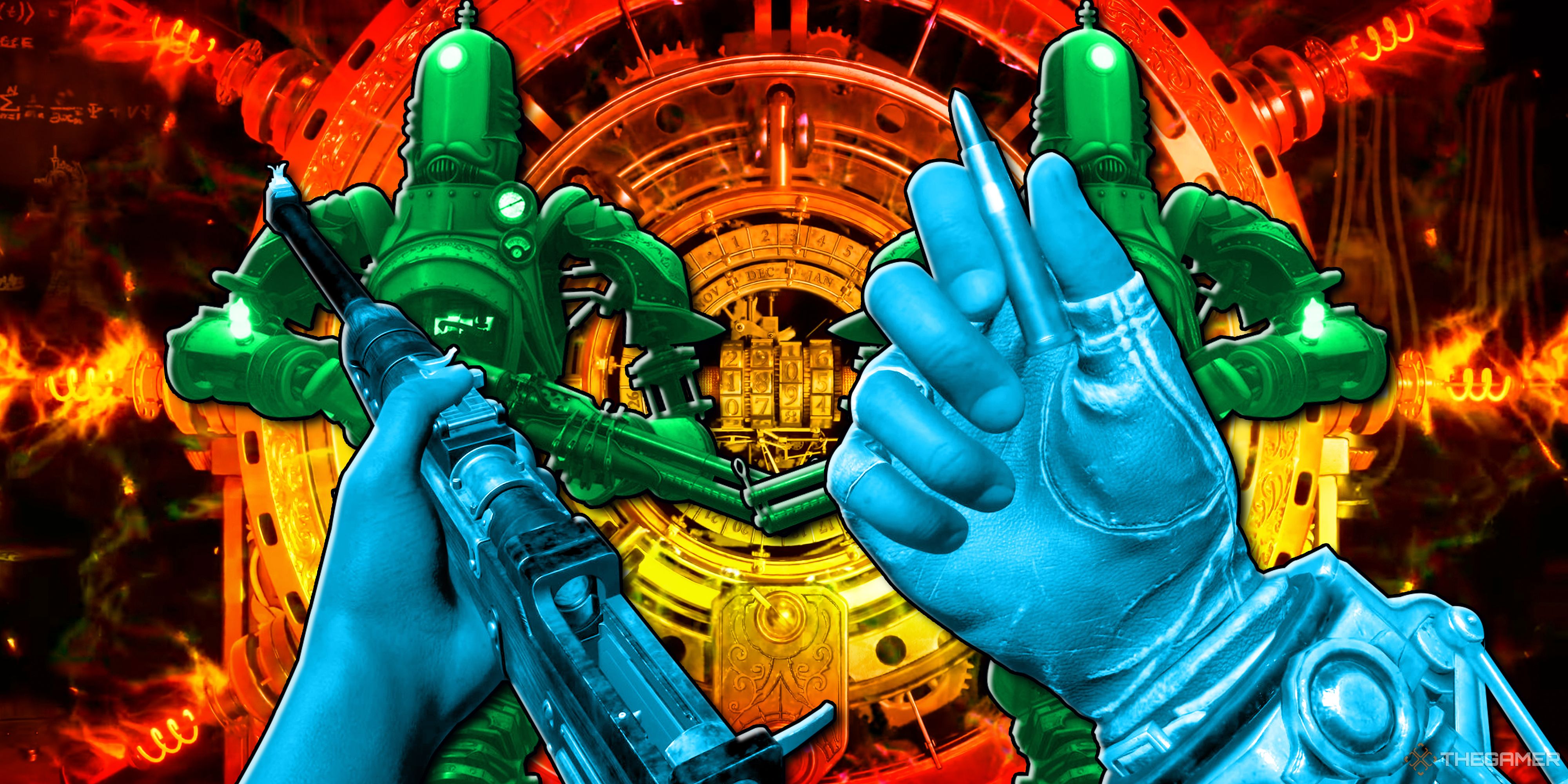 From a first-person perspective, the player perpares to load a bullet into a rifle in Clockwork Revolution, with mechanical soldiers in the middleground and a machine of some kind in the background. Each layer is in a different color, with blue in the foreground, green in the middleground, and red-orange-yellow in the background.