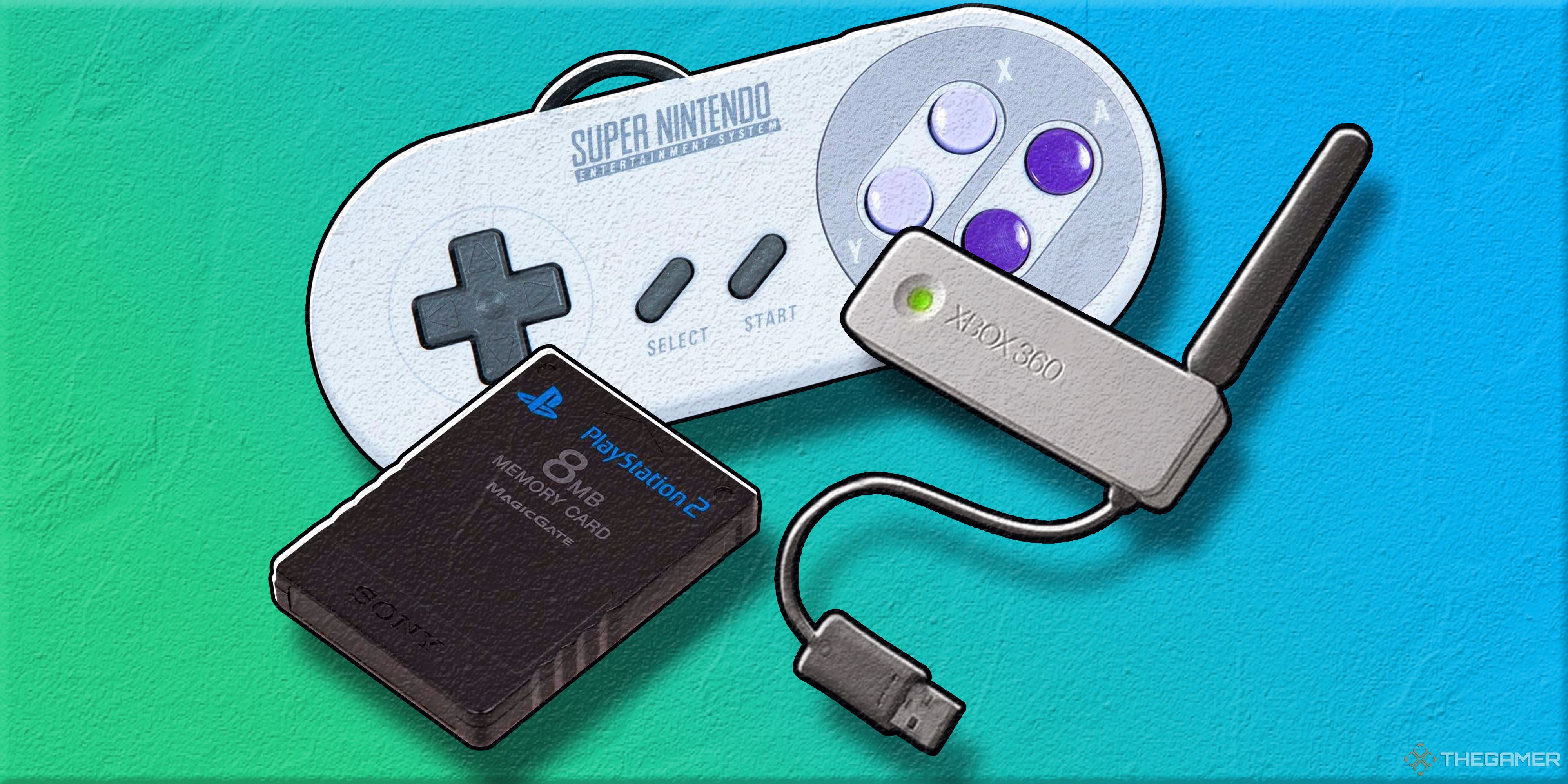 Playstation 2 memory card, Super Nintendo wired controller and Xbox 360 wireless networking adapter.