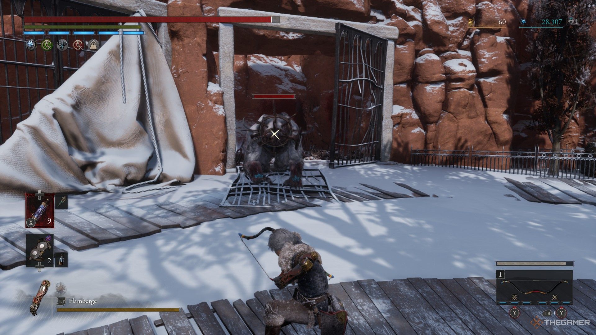 Player prepares to shoot a carcass bear guarding the Winter's Sleep Amulet with the bow in Lies of P: Overture.