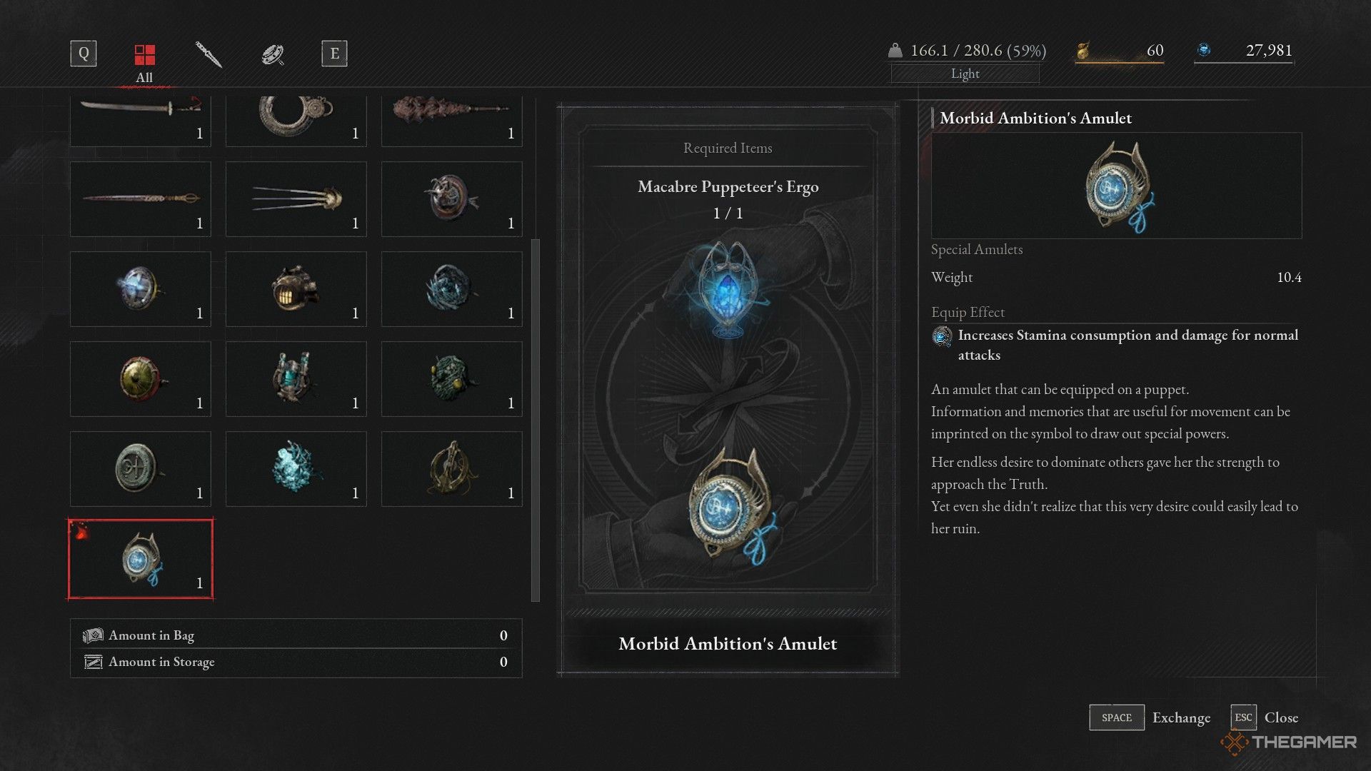 Player receives the Morbid Ambition's Amulet from Markiona's ergo in Lies of P: Overture.