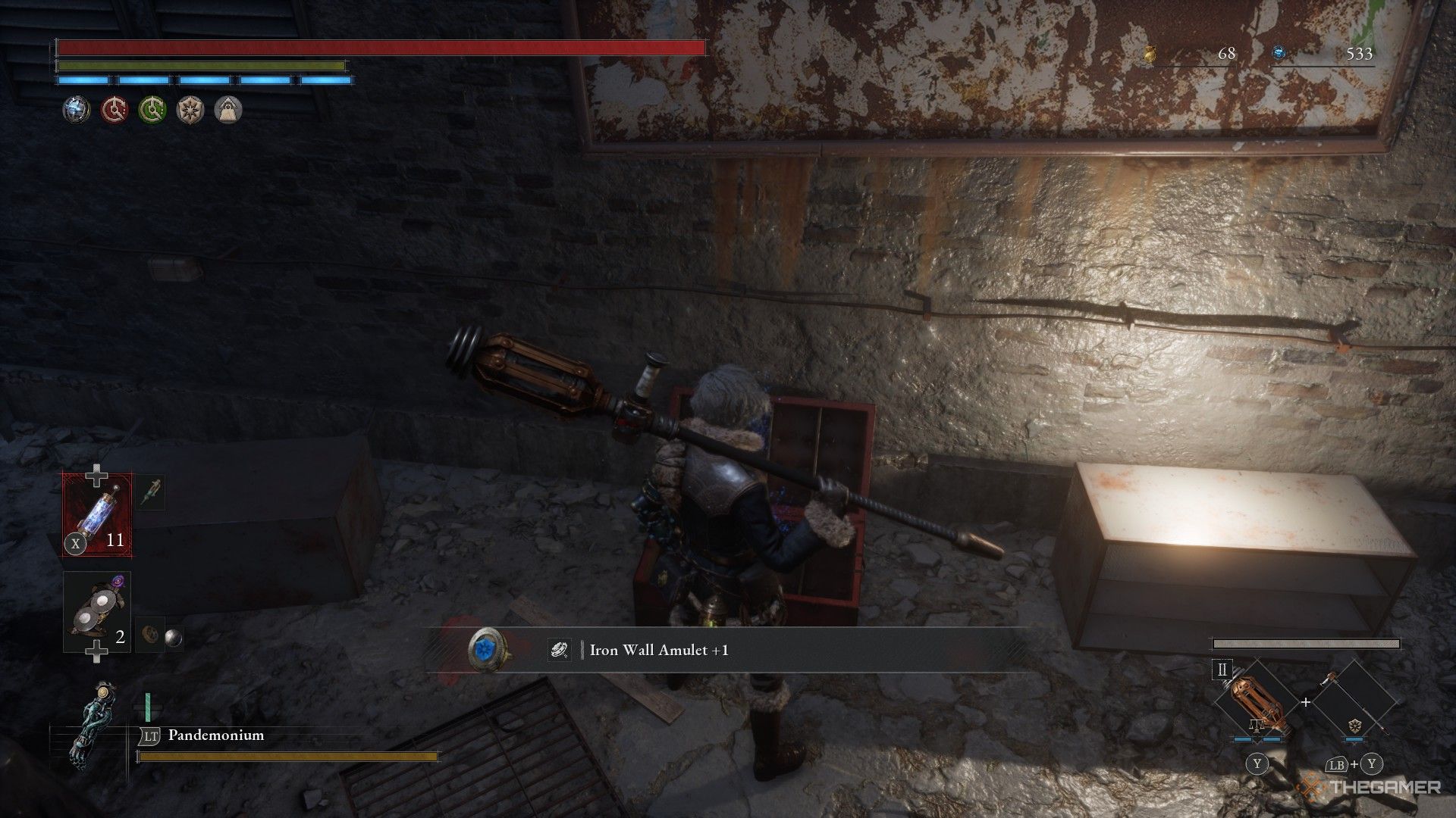 Player receives the Iron Wall Amulet +1 from a chest in Lies of P: Overture.