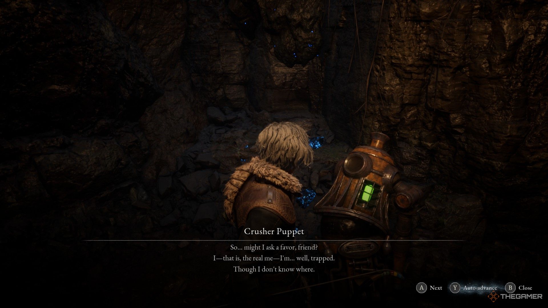 The Crusher Puppet tells the player that he has been caught somewhere in lies by P: Overture.