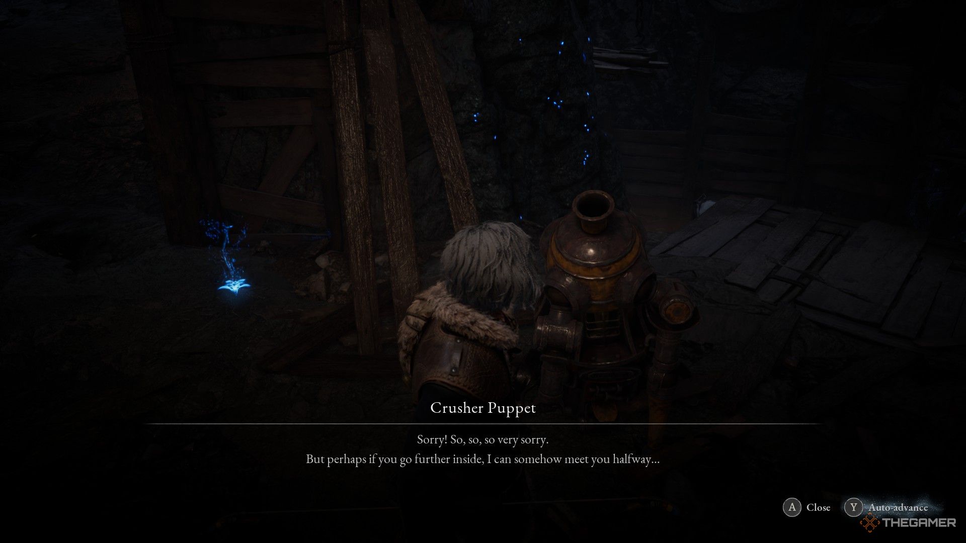 The player talks to the crushing doll to agree to move on to the next place in lies by P: Overture.