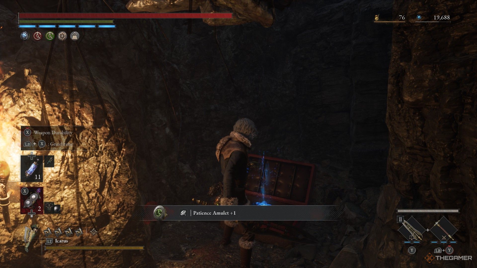 Player pulls out the Patience Amulet +1 from the chest in Pistris Harbor in Lies of P: Overture.