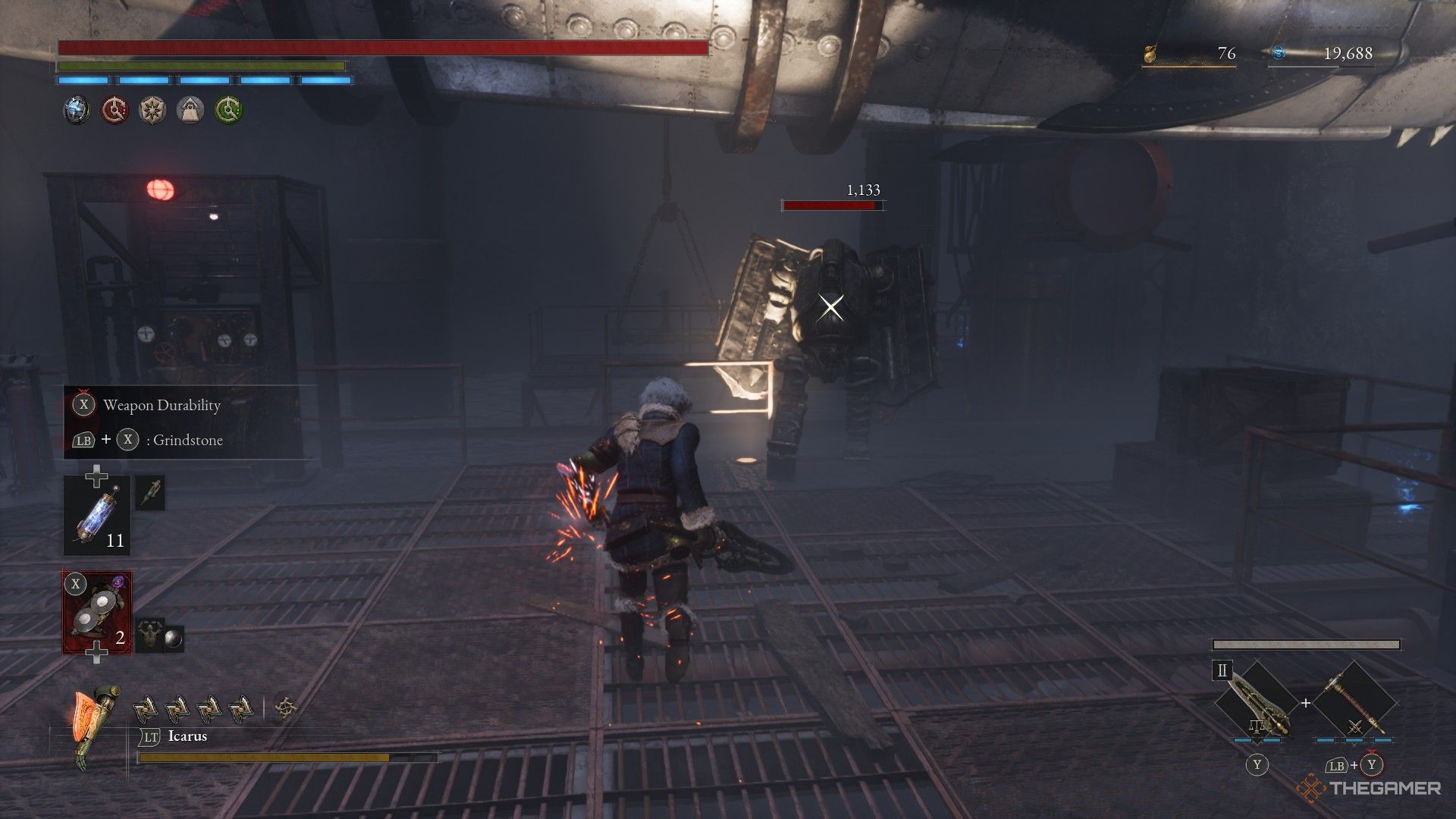The player is fighting against Shield Puppet Miniboss in Pistris Harbor in lies by P: Overture.