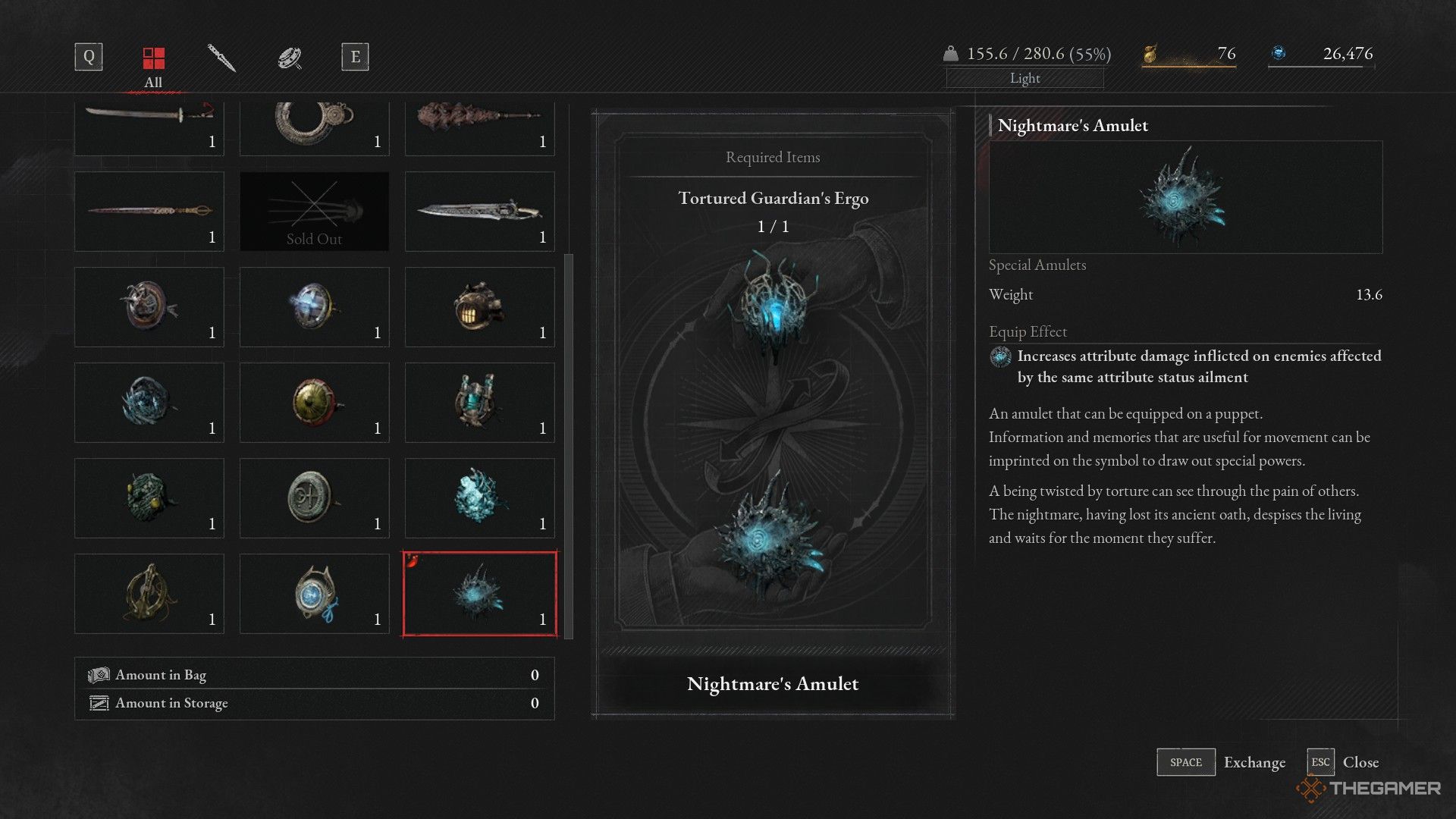 Player chooses to give the Tortured Guardian's Ergo in exchange for the Nightmare's Amulet in Lies of P: Overture.