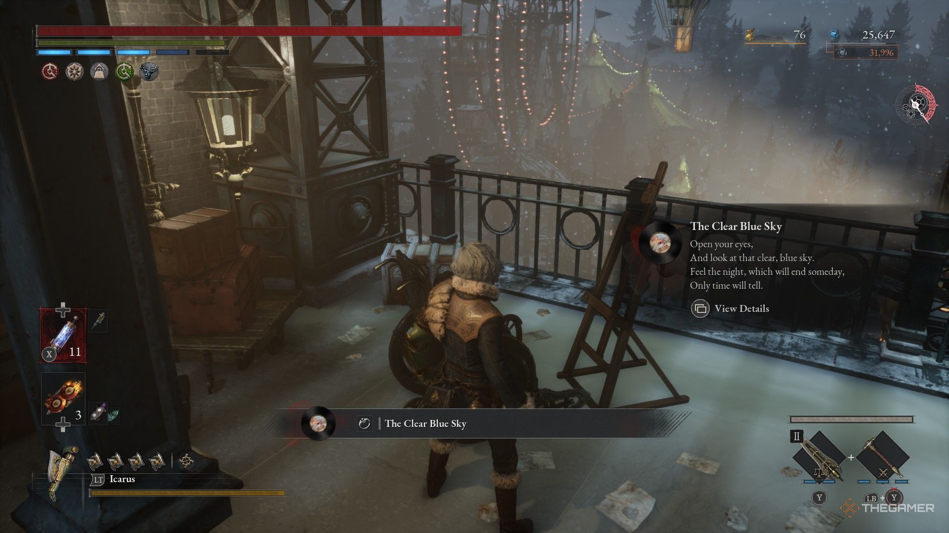 The player receives the clear vinyl from the blue sky to look at Goddard's painting in the lies of P: Overture.