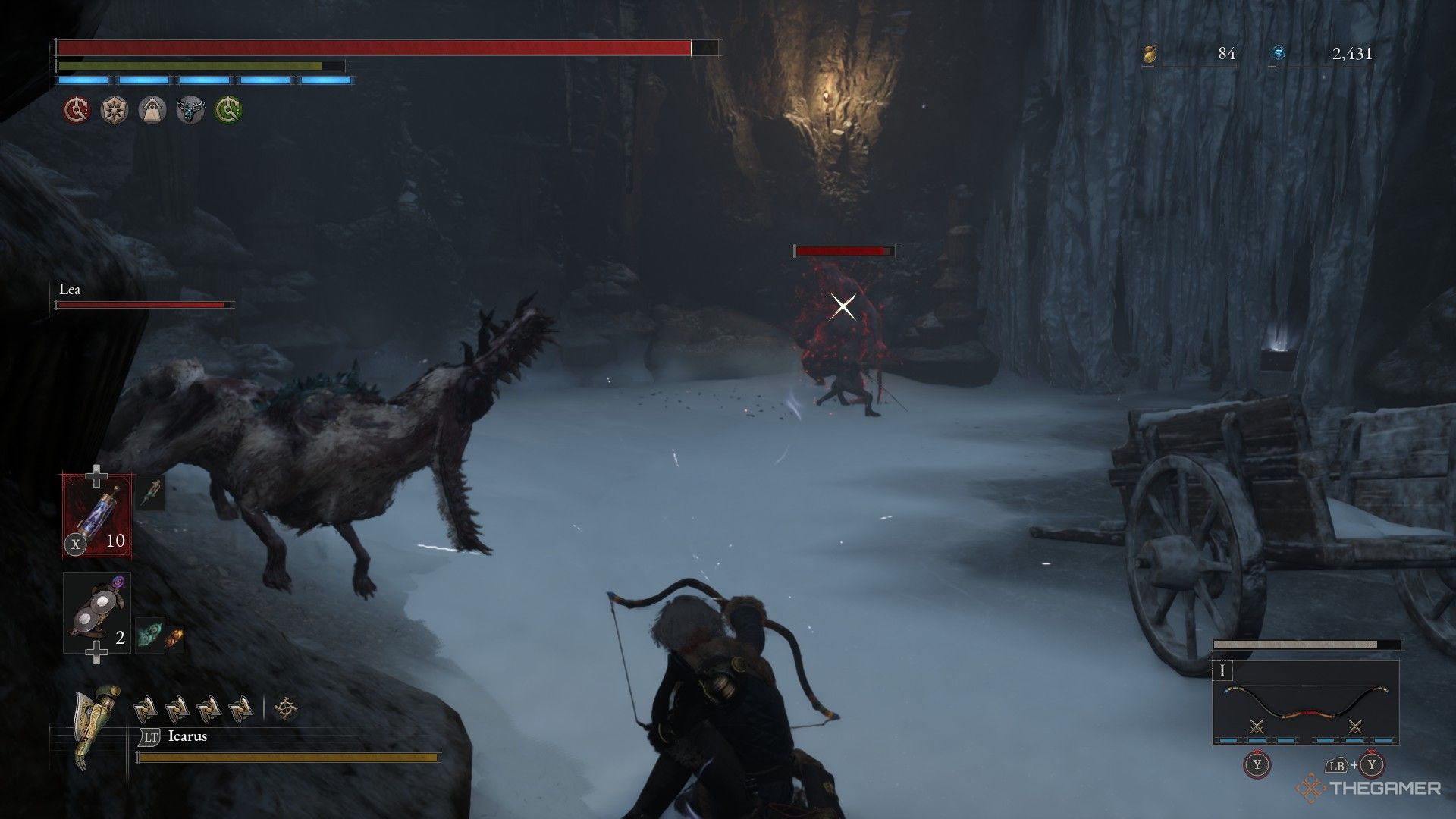 Player prepares to fire a bow at a carcass while being attacked by a dog, unaware of the chest behind an ice wall in Lies of P: Overture.