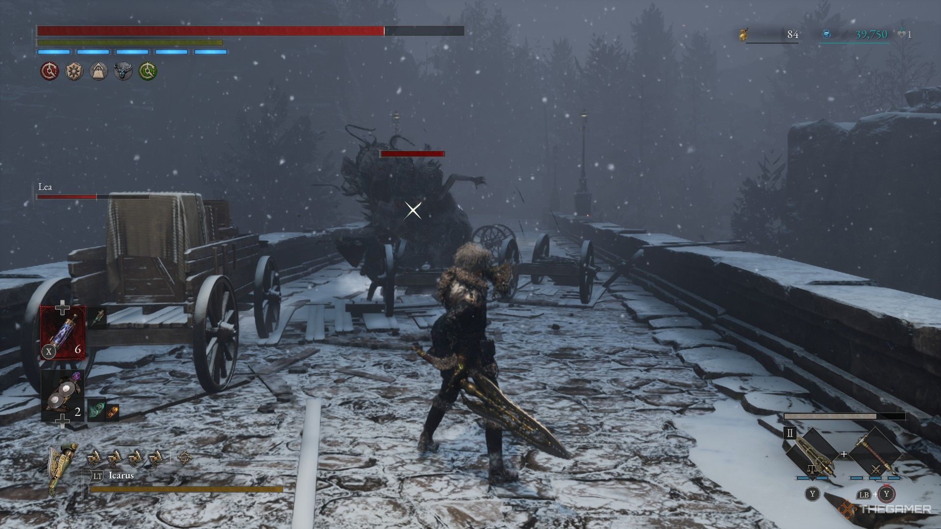 Player fires Icarus at a monster that holds the Solutionist's Amulet while Lea fights on in Lies of P: Overture.