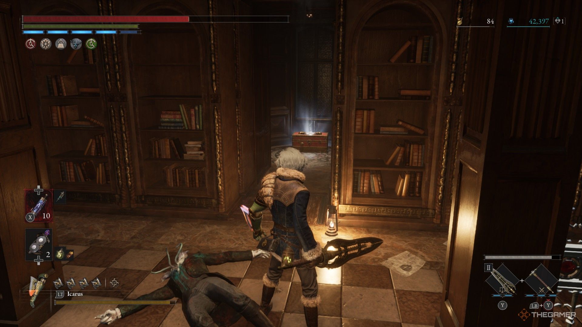 Player moves a bookshelf to reveal the Courage Amulet's chest in Lies of P: Overture.