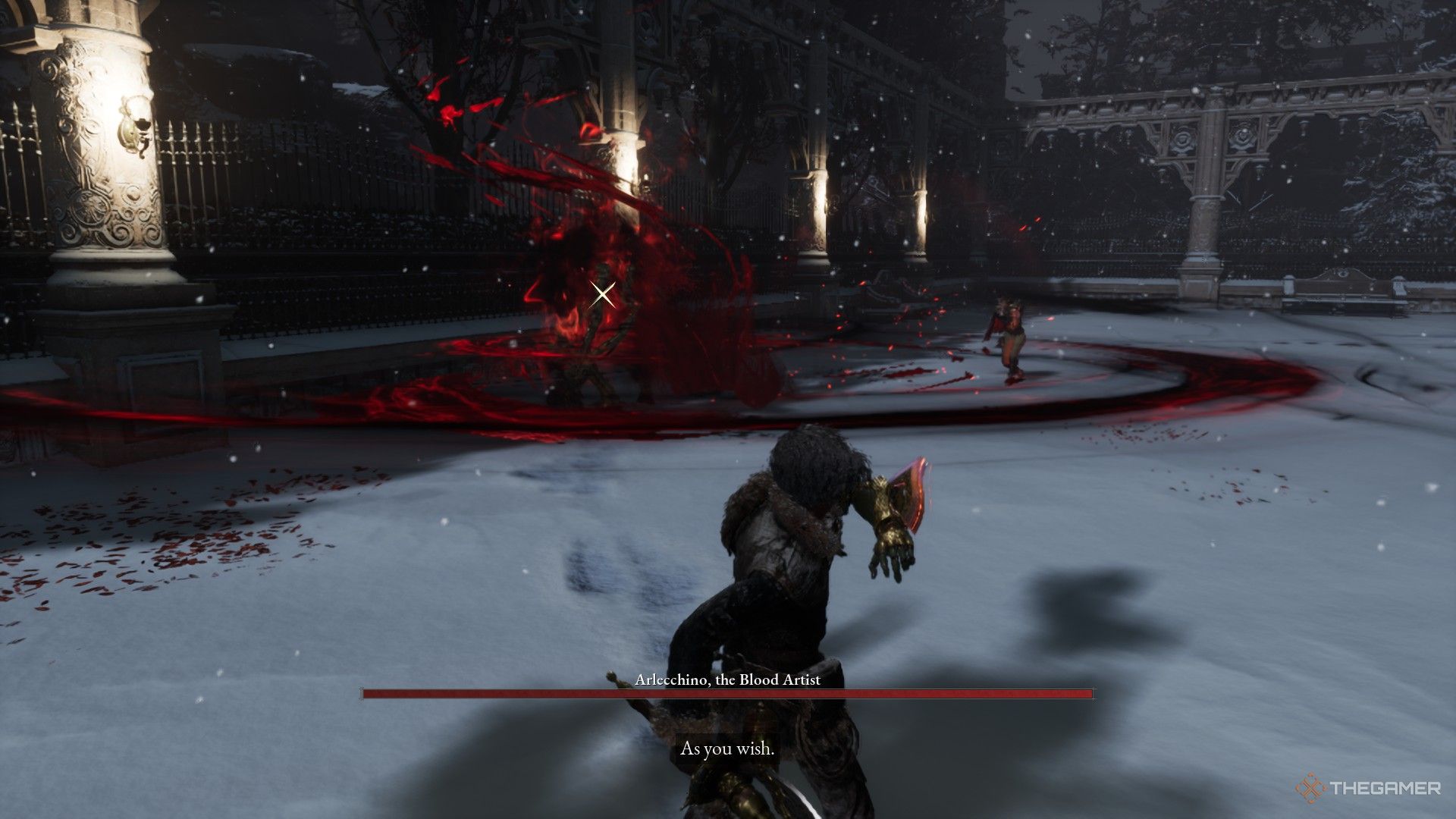 Player holds up their arm to defend themselves against an explosion from Arlecchino in Lies of P: Overture.
