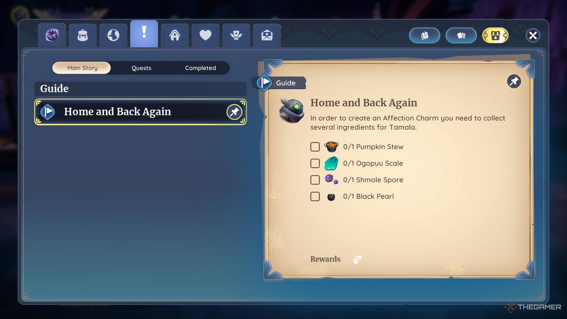 Home and back search in the search showing materials for the magic of affection in Palia.