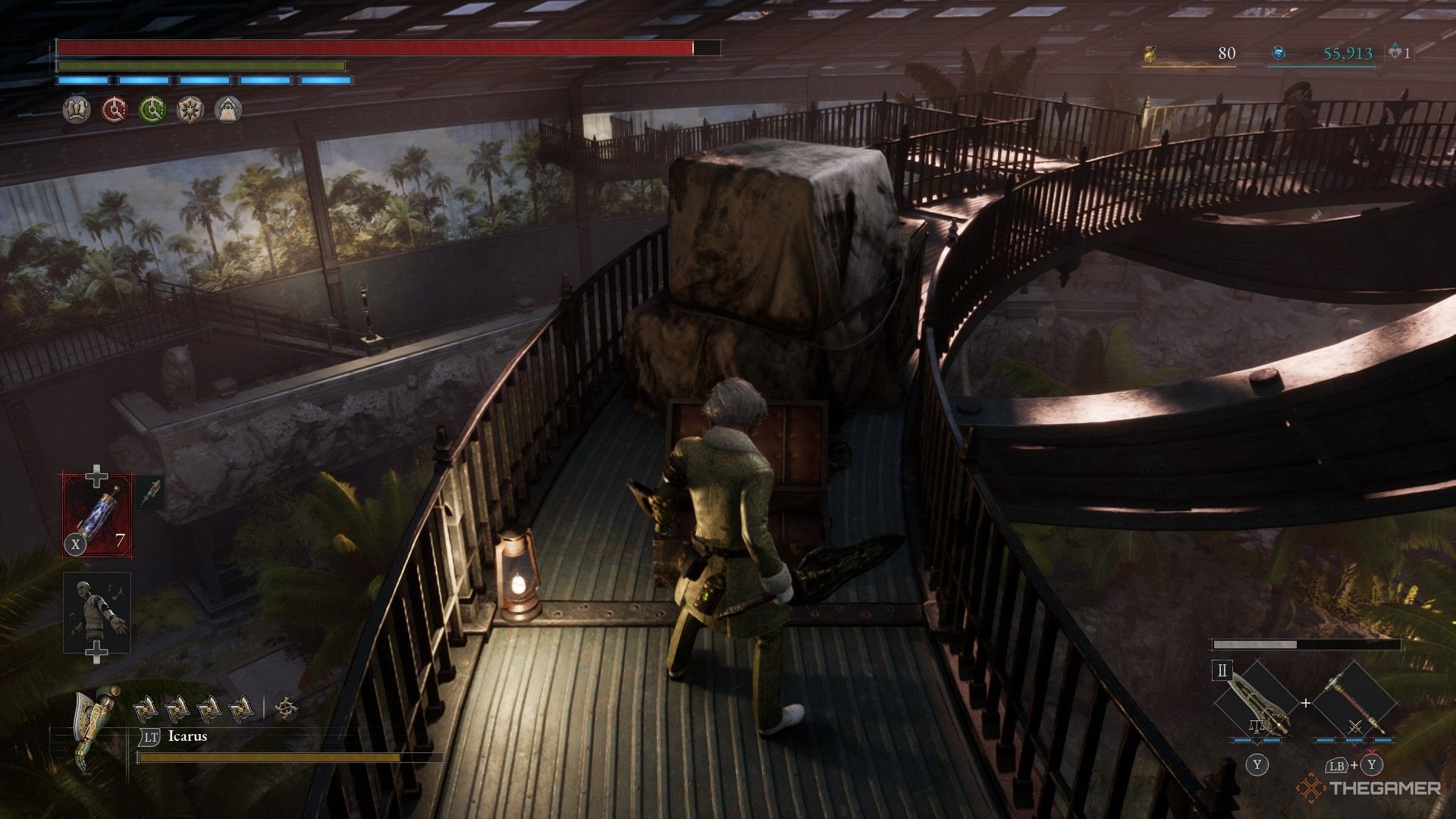 Player finds a chest in the rafters of the Greenhouse containing a Strength +3 Amulet in Lies of P: Overture.