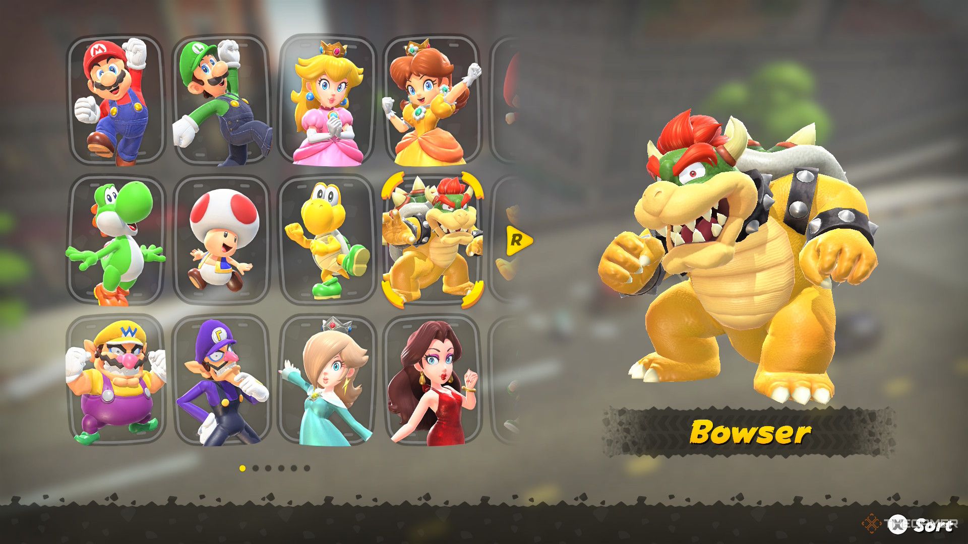 Bowser on the selection screen of the nature of Mario Kart World.